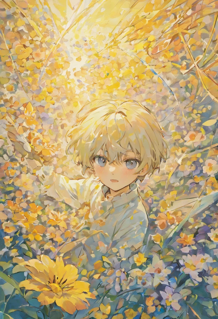 Blooming flowers flutter in the wind，The boy in the flower，Light white and silver design，Pay attention to the texture of the skin and flowers，Sony FE 12-24mm F/2.8 gm，Impressionist garden，Proficient in calligraphy，eco-friendly craftsmanship，Brush stroke exploration,he has a white medical eye patch on his right eye