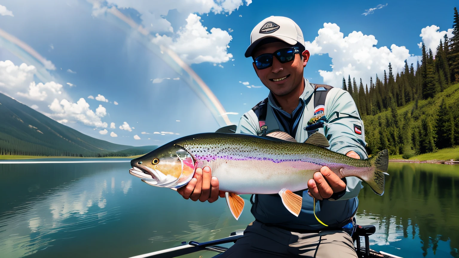 fly-fishing、lake、Rainbow trout