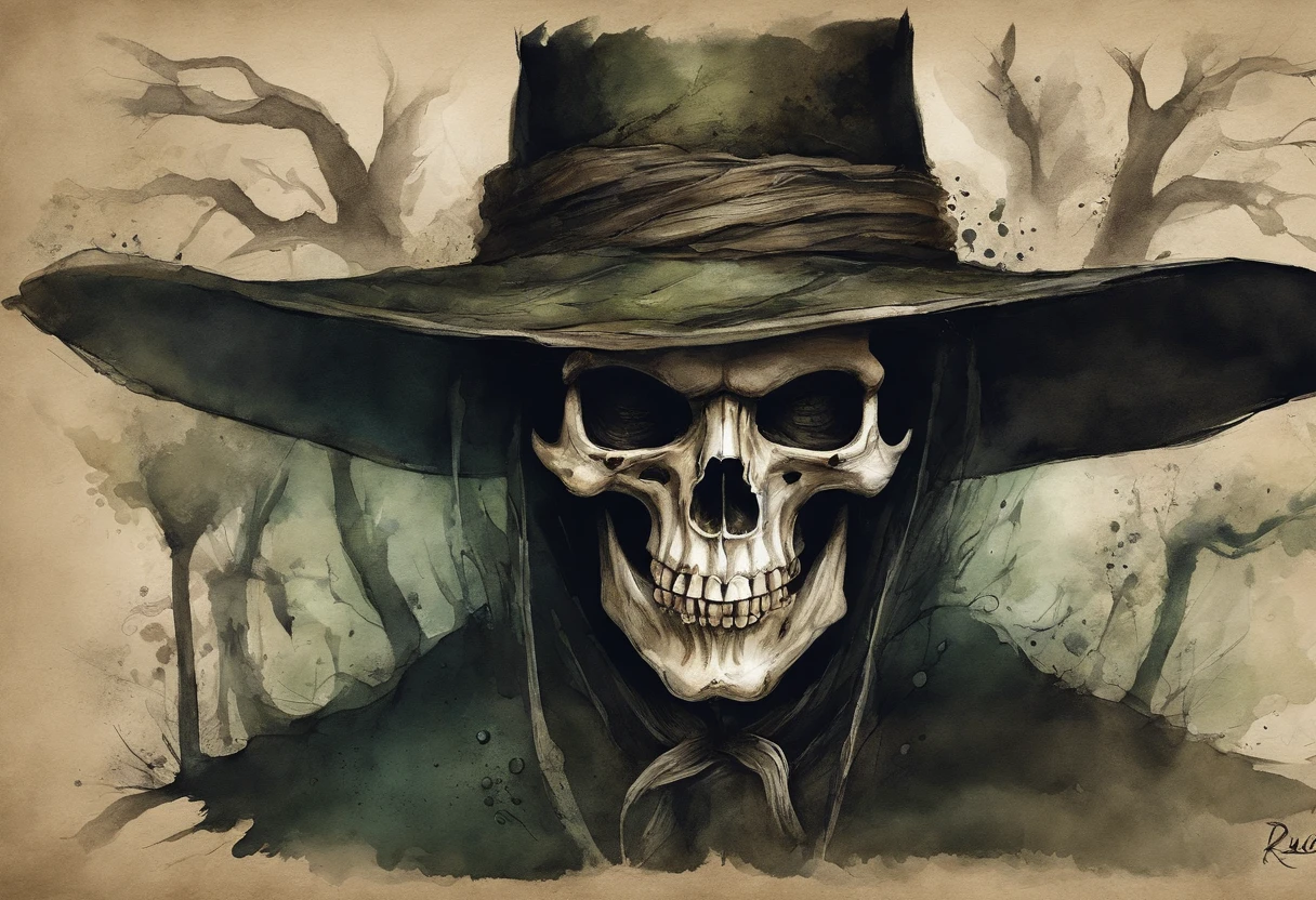 Crie um desenho aterrorizante de um bruxo bruxo. This wizard is a being of darkness, his face is old, com olhos afundados e sem pupila, apenas uma chama ardente. Their skin is stretched like parchment and covered in mysterious runes that seem to move. on the headpiece, He wears a wide-brimmed hat, cujas sombras escondem seu rosto, as if the hat were a lit candle. His torn black cloak seems to be made of living shadows that stretch to infinity. The wizard holds a twisted staff with a human skull at the end, e um escuro, viscous substance oozes from the skull. Around it is a circle of candles that burn in green flames and exude a sulfurous smell. The background is dark and full of sinister shadows