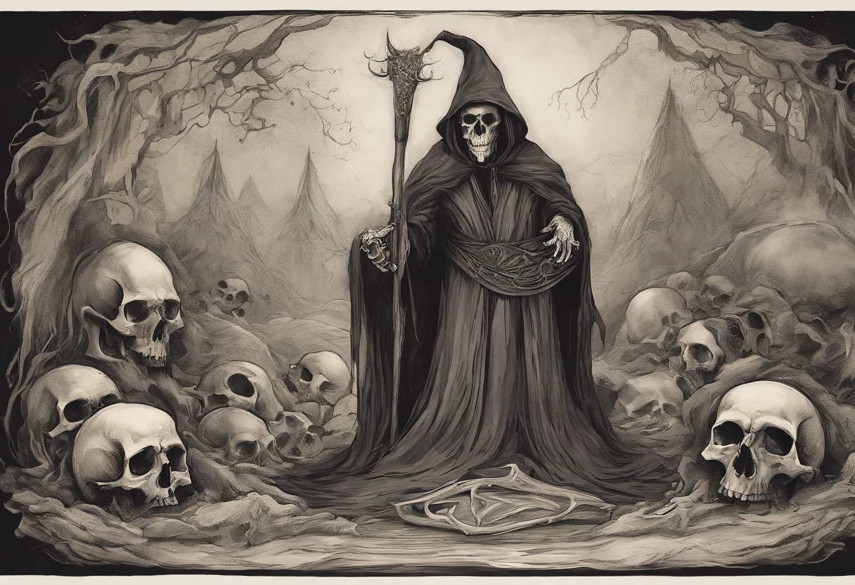 Crie um desenho aterrorizante de um bruxo bruxo. This wizard is a being of darkness, his face is old, com olhos afundados e sem pupila, apenas uma chama ardente. Their skin is stretched like parchment and covered in mysterious runes that seem to move. on the headpiece, He wears a wide-brimmed hat, cujas sombras escondem seu rosto, as if the hat were a lit candle. His torn black cloak seems to be made of living shadows that stretch to infinity. The wizard holds a twisted staff with a human skull at the end, e um escuro, viscous substance oozes from the skull. Around it is a circle of candles that burn in green flames and exude a sulfurous smell. The background is dark and full of sinister shadows
