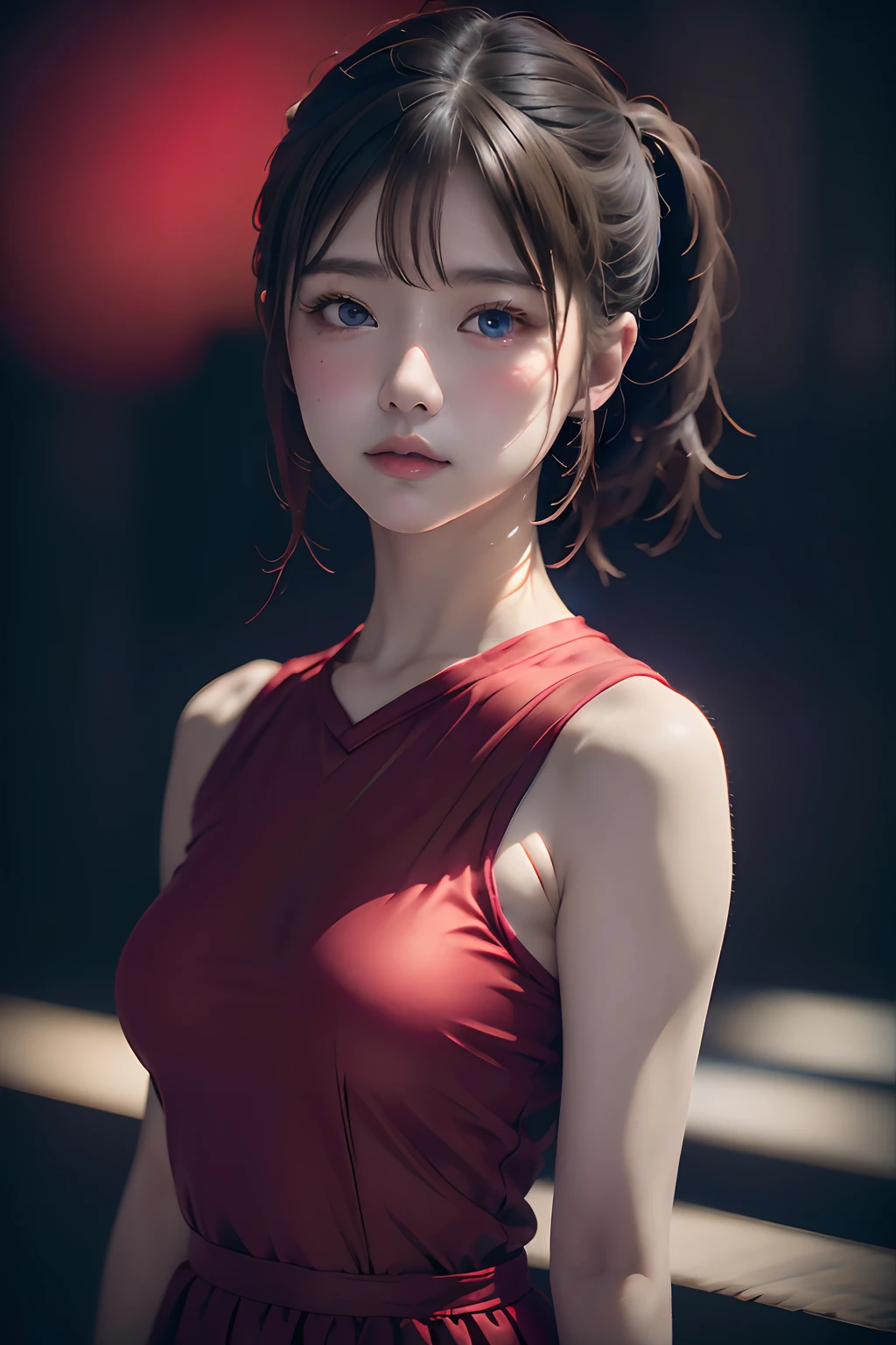 Best Quality, masutepiece, High resolution, (((1girl in))), ,Red eyes、Red attire、((Red shirt:1.3、Red Rock Dress)), Tindall Effect, Realistic, Shadow Studio, Red lighting, dual-tone lighting, (High Detail Skins: 1.2) Digital SLR, Photo, High resolution, 4K, 8K, Background blur,Fade out beautifully、Blue World