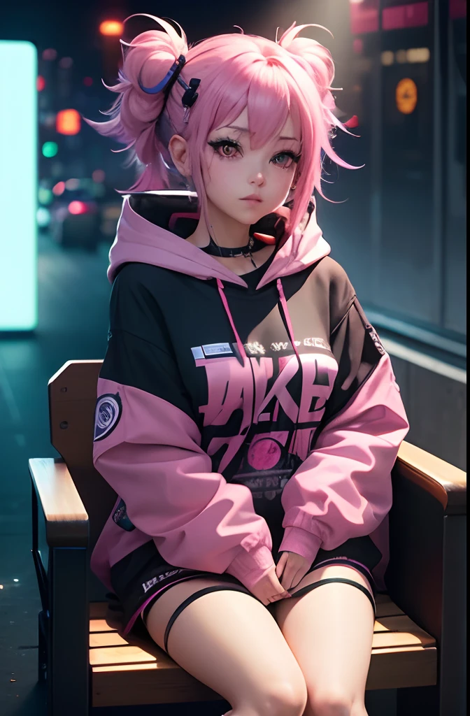 Kizi,(The background is a wall,A chicken is painted on the wall),Back alley,paint splatter,Graffiti artist spray painted wall,(A pink-haired,long whitr hair),Pink eyes,with headphones on,gigantic cleavage breasts,pink jacket,Short pink skirt,Pink boots,(sat on the ground,Against the wall),There are a lot of paint cans on the ground