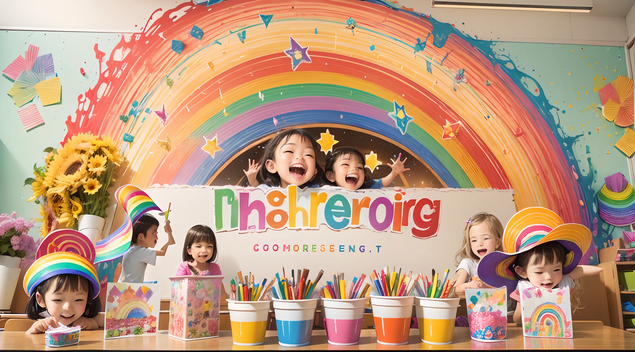 Kindergarten rainbow theme activities,Classroom,Colorful brushes,Joyful laughter,bright vibrant colors,Artistic expression and creativity,Children in rainbow color costumes,Cheerful and fun atmosphere,Beautifully decorated classroom walls,Paper cuts and crafts hang on the ceiling,With a giant rainbow painting as the core,Expressive and imaginative artwork,Glitter and glitter add a magical touch,Cute rainbow themed snacks and snacks,Unforgettable and heartwarming moments,Best quality,high resolution,Masterpiece,Ultra-detailed,Realistic,Portrait style,Vivid and vibrant colors,Warm and soft lighting