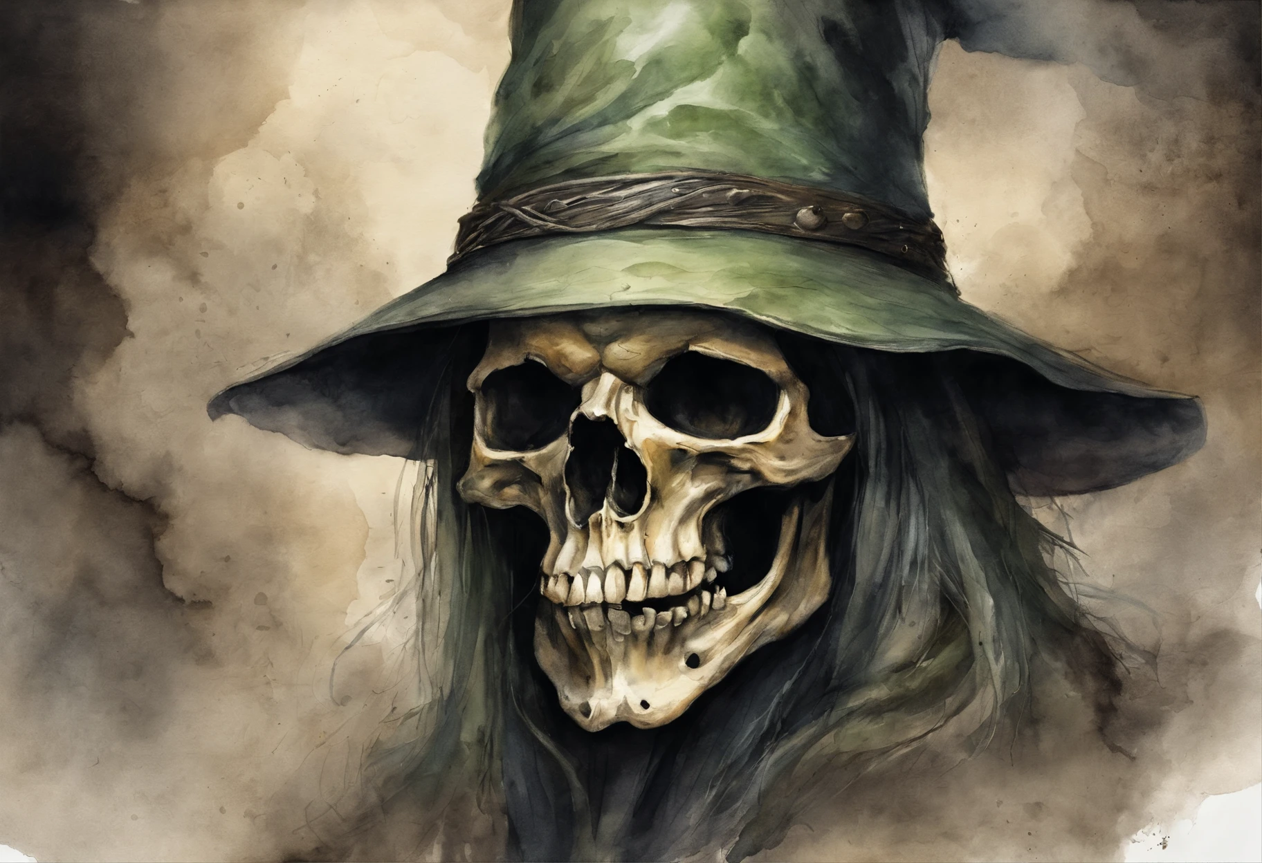 Crie um desenho aterrorizante de um bruxo bruxo. This wizard is a being of darkness, his face is old, com olhos afundados e sem pupila, apenas uma chama ardente. Their skin is stretched like parchment and covered in mysterious runes that seem to move. on the headpiece, He wears a wide-brimmed hat, cujas sombras escondem seu rosto, as if the hat were a lit candle. His torn black cloak seems to be made of living shadows that stretch to infinity. The wizard holds a twisted staff with a human skull at the end, e um escuro, viscous substance oozes from the skull. Around it is a circle of candles that burn in green flames and exude a sulfurous smell. The background is dark and full of sinister shadows