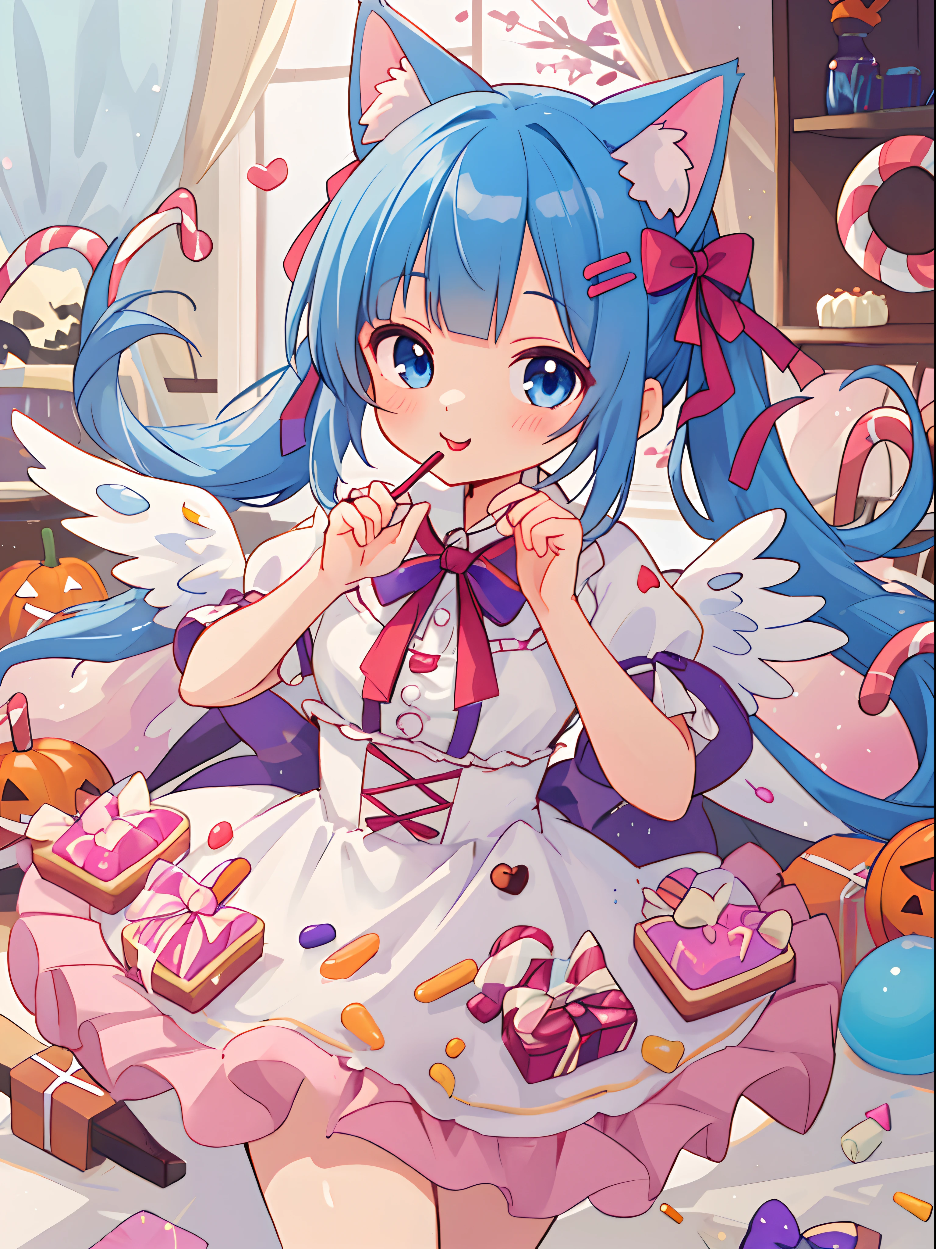 {UHD, vibrant colors, official art, girl, masterpiece, sharp focus, best quality, playful patterns}
{blue hair, twin tails, long hair, cat ears, fluffy hair in ears}
{ultra-detailed eyes, blue eyes, cheerful expression:1.5, rosy cheeks, bright curious eyes}
{adorable confectionery-themed costume that reflects the sweet and playful atmosphere of the factory, lolita fashion, cute confectionery outfit resembling a mix of candy wrappers}
{White wings:1.5}
BREAK
{candy factory in preparation for Halloween, oversized candy canes, lollipops, swirling candy floss machines}
{nice hands, perfect hands}