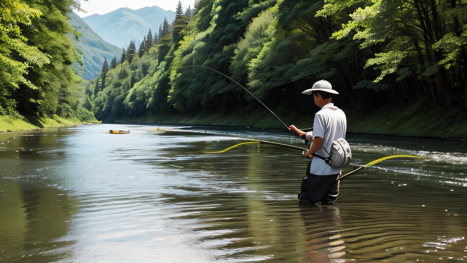 angling、a river、male people、lure、Trout