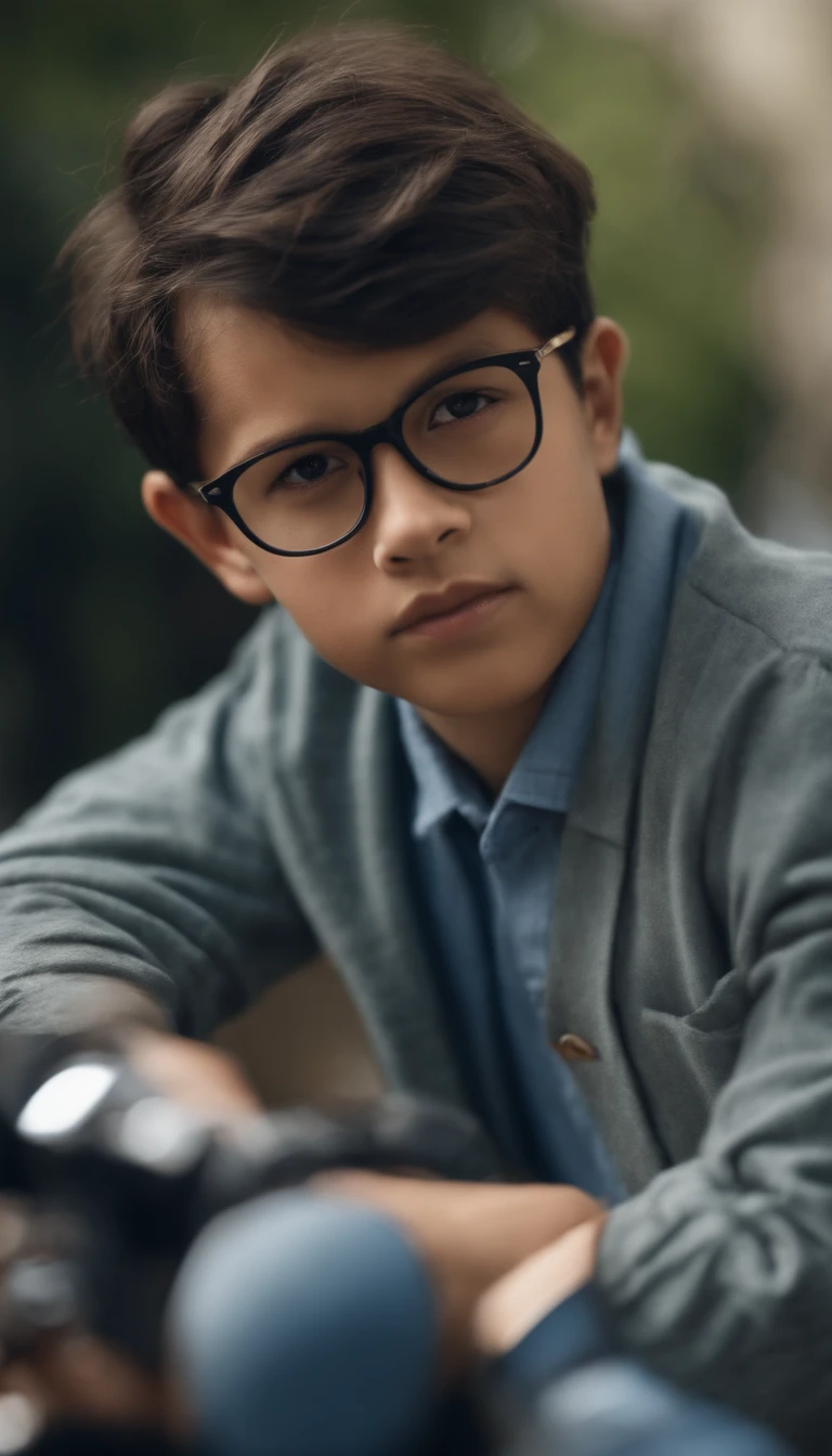 Boy with round and short glasses wearing a blue check shirt,