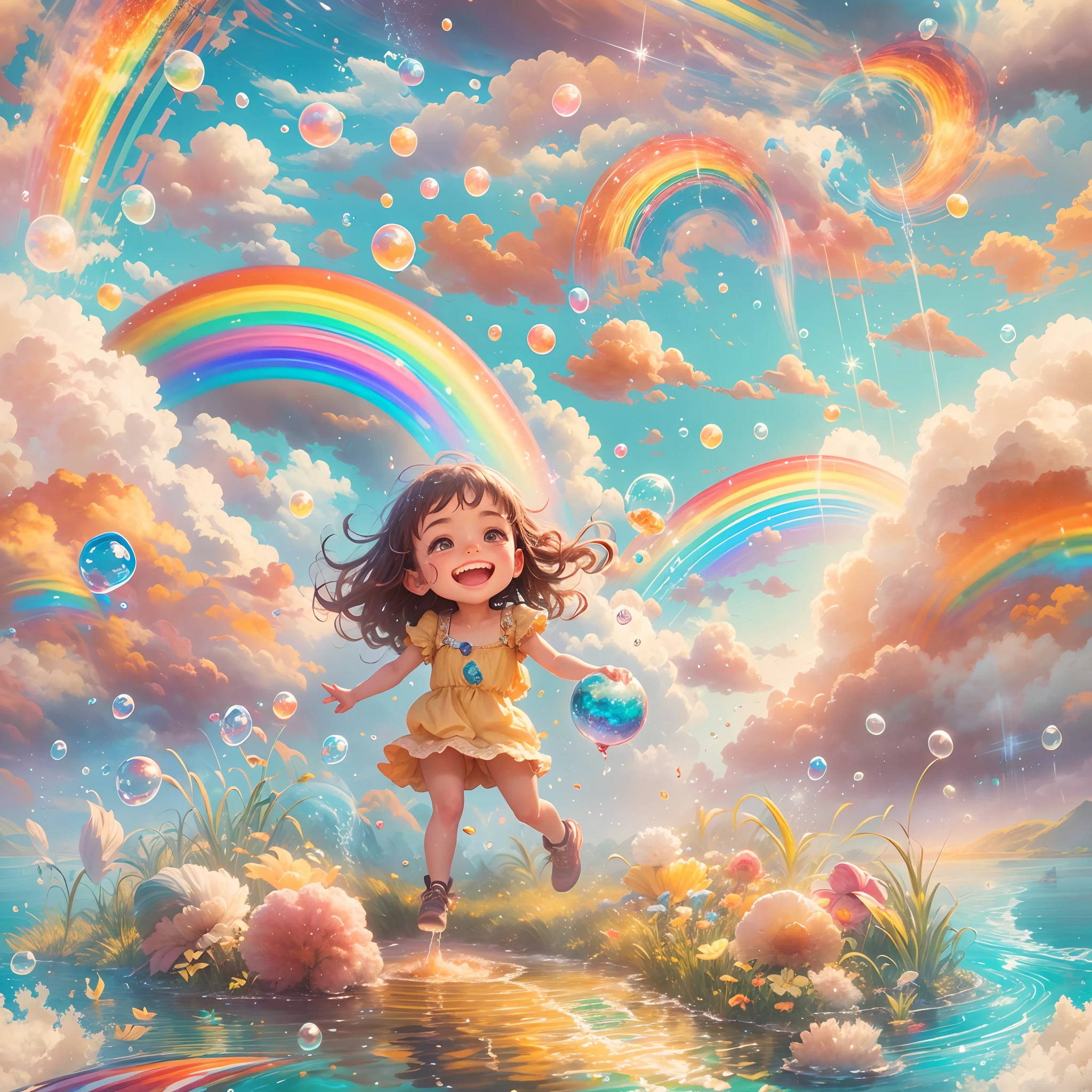 With a huge rainbow as the core,illustration,Detailed clouds,Vibrant colors,Soft sunlight,Crystal clear reflections,Water droplets sparkle,Happy kids playing,joyful expressions,Splashing water,Saturated hues,Drawing skills,Whimsical atmosphere,Magical atmosphere,Playful brushstrokes,Euphoric scene,Sparkling rainbow arches,cotton candy cloud,Bright blue sky,Carefree laughter,at summer afternoon,Sparkling wet grass,Spontaneous movement,Pleasant surprise,happiness overflowing,The energy of happiness,Floating bubbles,mind-blowing views,rays of sunshine,Unforgettable moments of joy,Harmonious composition,Dazzling visual impact,Iridescent shades,Optimistic and uplifting atmosphere,Pure and innocent emotions,Immerse yourself in beauty,Admire the wonders of nature. (Best quality,4K,8K,A high resolution,Masterpiece:1.2),Ultra-detailed,Realistic:1.37),hdr,Stunning colors,magical lighting.