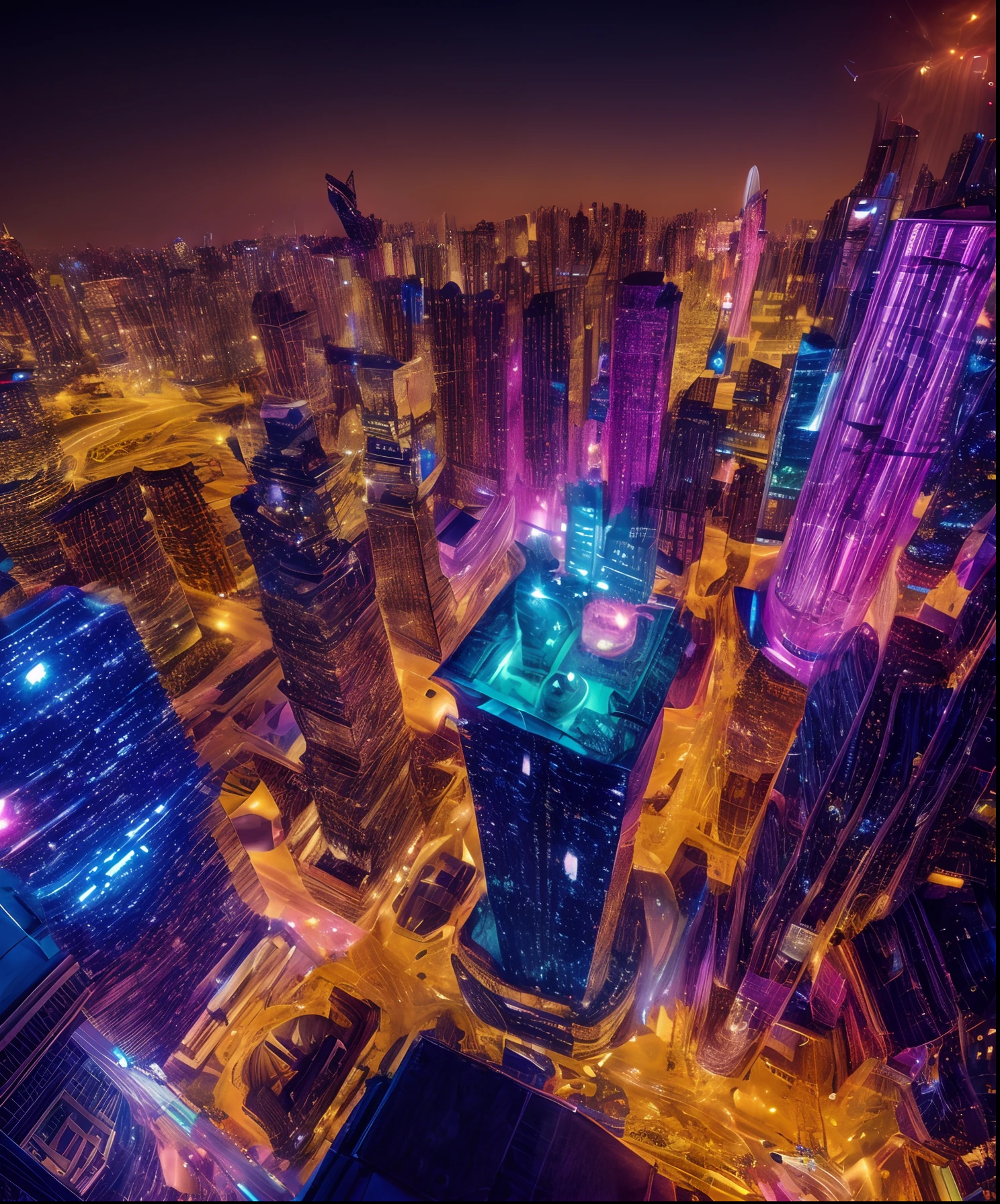 Sheet music playback、Colorful sheet music is played、Cute girl characters、 Night view from a high place、Drawing a large number of skyscrapers, Looking up at the starry sky. Surround her with colorful nebulae and colorful metropolis.