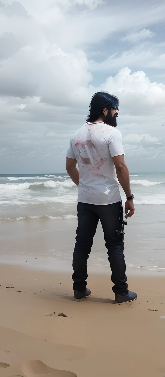Kgf movie style full blood on the t shirt gun in hand change sea colour