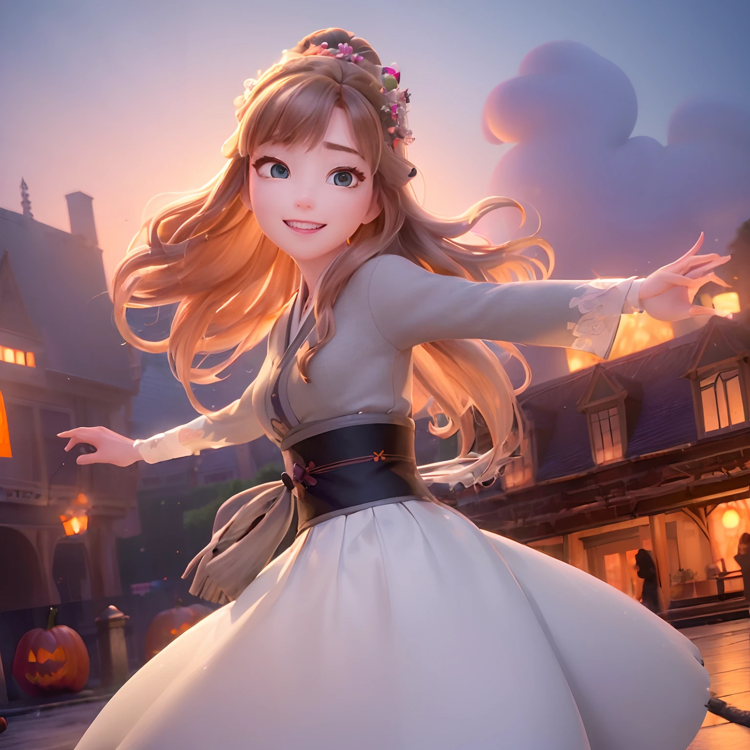 (masterpiece:1.4), (best qualit:1.4), (high resolution:1.4), kimono, long hair,
outdoors,
looking at viewer, smile,White style of a Disney Pixar cartoon, lavender wavy hair, grey eyes, dancing infront of a historic haunted mansion , digital illustration, high resolution, pumpkins , halloween pumkins,white ghosts flying around , ominous vibes,smoke, prism and glitter, full moon,magical
