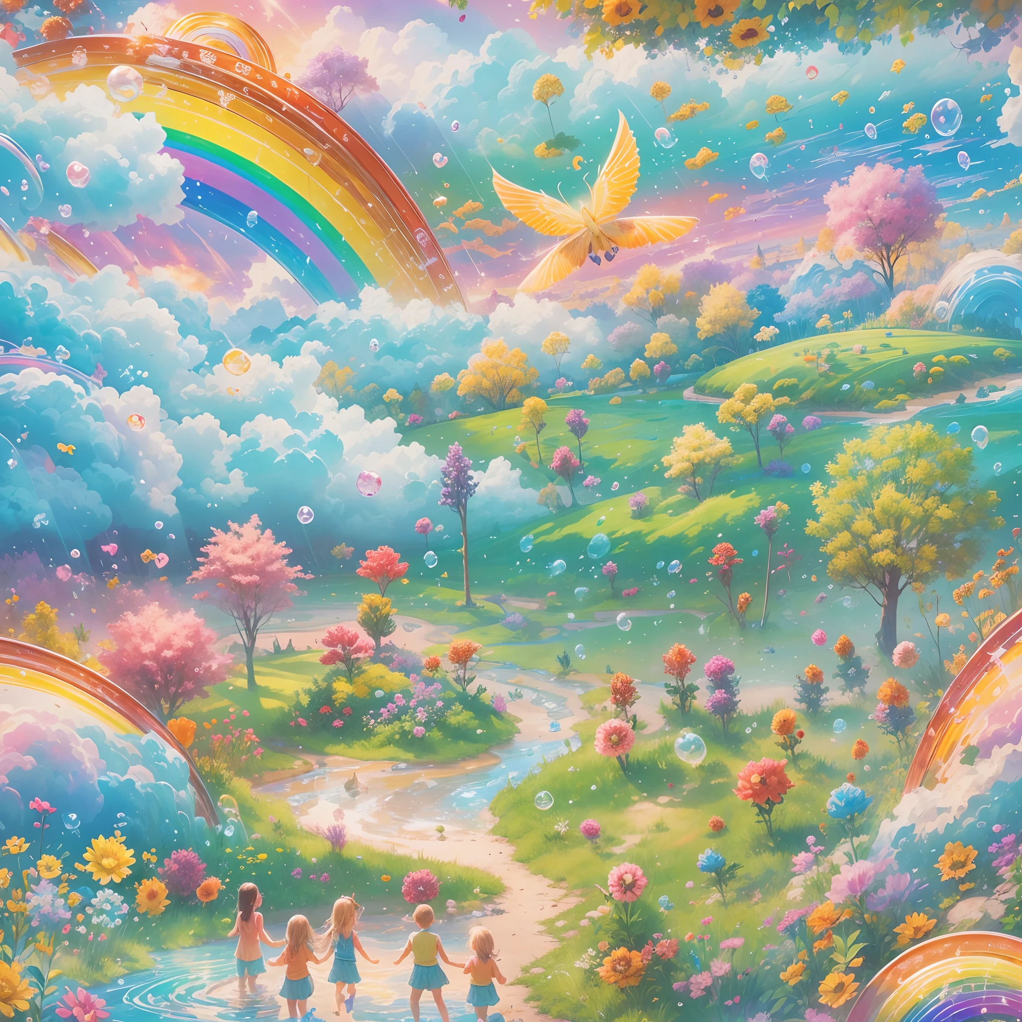 With a huge rainbow as the core,illustration,Detailed clouds,Vibrant colors,Soft sunlight,Crystal clear reflections,Water droplets sparkle,Happy kids playing,joyful expressions,Splashing water,Saturated hues,Drawing skills,Whimsical atmosphere,Magical atmosphere,Playful brushstrokes,Euphoric scene,Sparkling rainbow arches,cotton candy cloud,Bright blue sky,Carefree laughter,at summer afternoon,Sparkling wet grass,Spontaneous movement,Pleasant surprise,happiness overflowing,The energy of happiness,Floating bubbles,mind-blowing views,rays of sunshine,Unforgettable moments of joy,Harmonious composition,Dazzling visual impact,Iridescent shades,Optimistic and uplifting atmosphere,Pure and innocent emotions,Immerse yourself in beauty,Admire the wonders of nature. (Best quality,4K,8K,A high resolution,Masterpiece:1.2),Ultra-detailed,Realistic:1.37),hdr,Stunning colors,magical lighting.