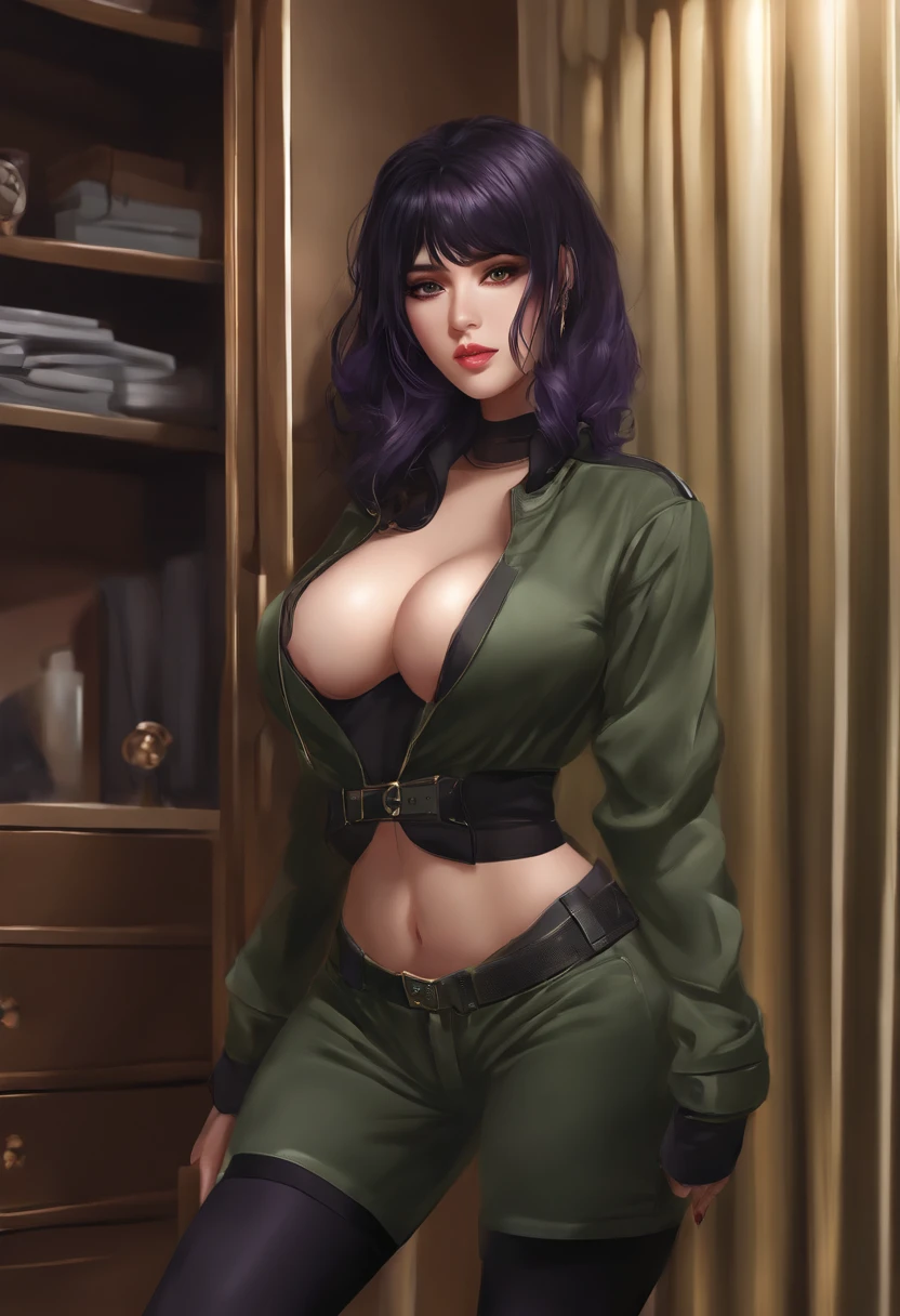 1image. 1girl, ahegao face, spread legs, with hard penis. dildo in ass. dark purple hair, short length. exposed breasts. black highlights, dark green eyes. oversized, open military jacket. las vegas golden knights shirt. looking at viewer, breast curtains, detached sleeves, long sleeves, naked from the waist down.