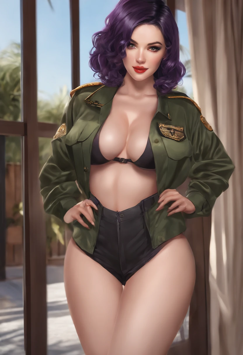 1image. 1girl, ahegao face, spread legs, with hard penis. dildo in ass. dark purple hair, short length. exposed breasts. black highlights, dark green eyes. oversized, open military jacket. las vegas golden knights shirt. looking at viewer, breast curtains, detached sleeves, long sleeves, naked from the waist down.