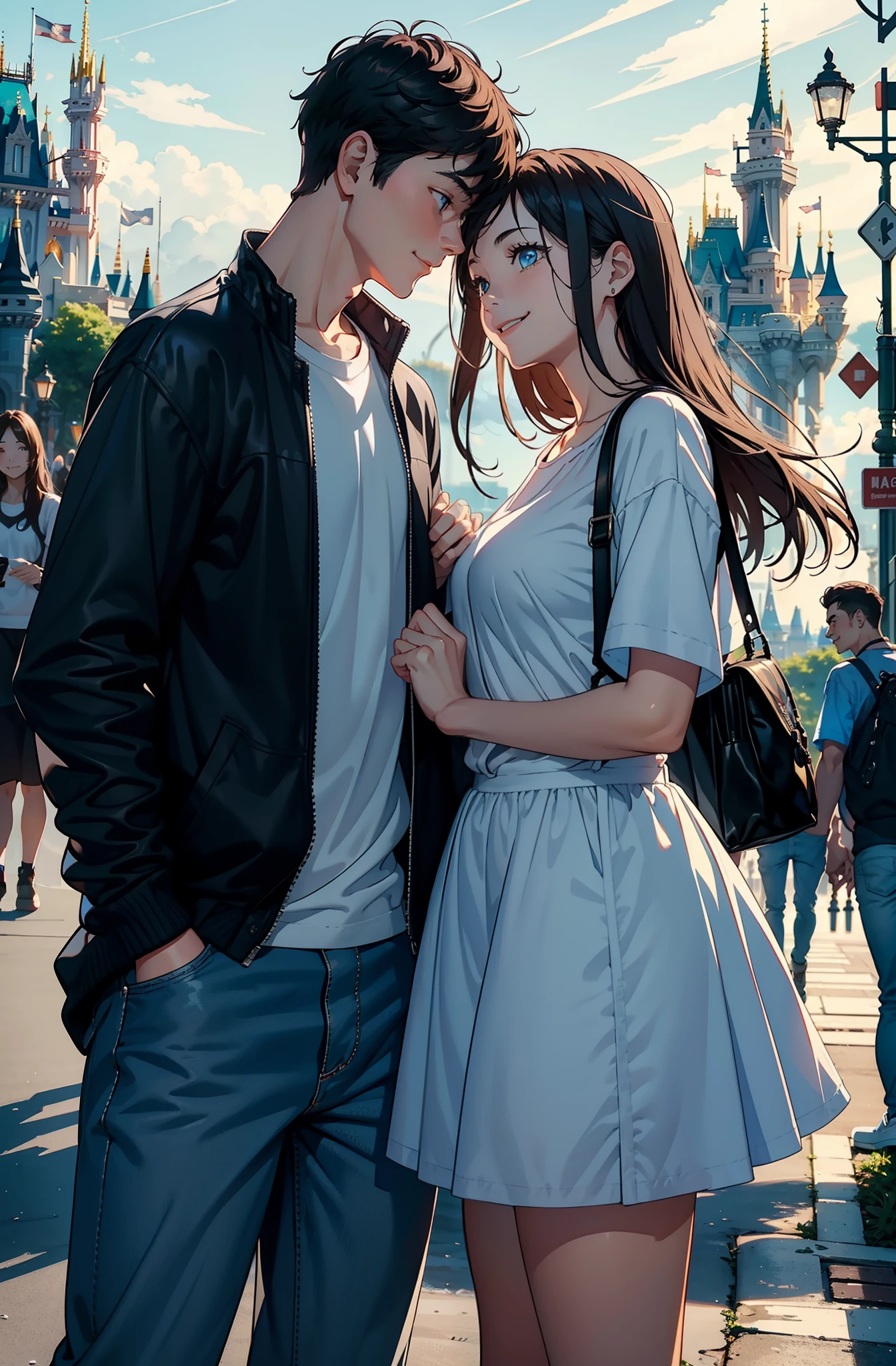 top-quality masterpiece Male and female couples Disney land Rough simple white plain clothes Smile face to face A dark-haired Blue eyes
