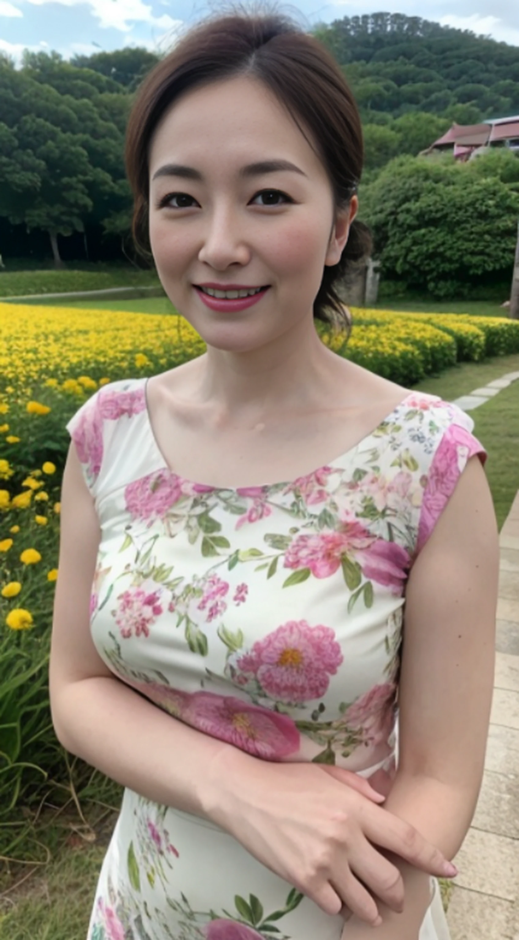 (8K、RAW photography、Photorealsitic:1.3)、47-year-old mature woman，The face is delicate，Elegant feminine，Happy and charming，The fabric of the dress outlines her huge bust with M cups，The clothes conform to her curves，dynamic angle，Clouds and mountains，（flower  field：1.4）In the foreground，white dresses，Light tracing，（Floating colorful wind：1） （realisticlying：1.4），offcial art，Unity 8k壁纸，ultra - detailed，Beautiful and beautiful，tmasterpiece，best qualityer，Glowing skin，cinmatic lighting，Light smile