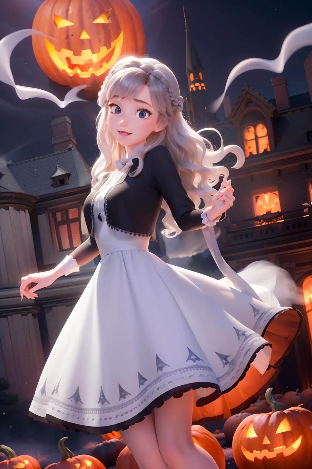 White style of a Disney Pixar cartoon, lavender wavy hair, grey eyes, black silk dress dancing infront of a historic haunted mansion , digital illustration, high resolution, pumpkins , halloween pumkins,white ghosts flying around , ominous vibes,smoke, prism and glitter, full moon,magical