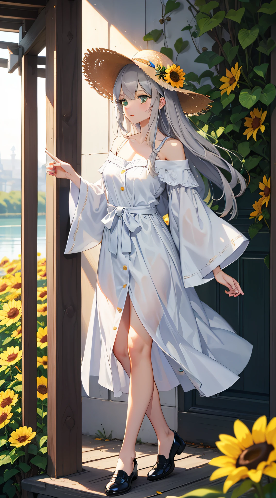 1 girl, dress, flower field, sunlight,cute, lovely, beautiful, dynamic angle, 1 elf girl, solo, 1woman, long hair, silver hair, brown eyes, full body,