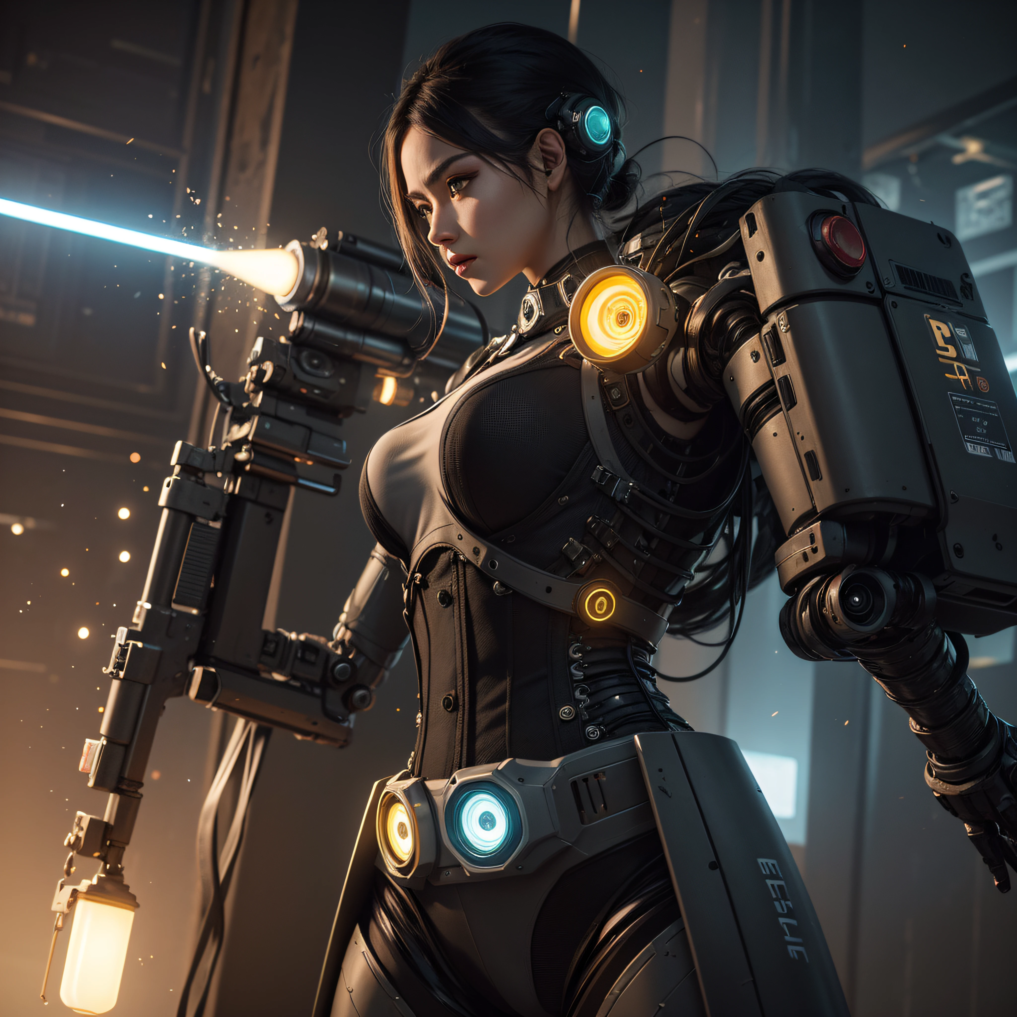 ((calidad superior)), ((obra maestra)), ((realista)), (Los detalles), (fotorrealista:1.5), Science-Fiction, HDR, Trazado de rayos, NVIDIA RTX, Los ultra-Highres, Irreal 5, Sub-Surface Scatterring, PBR texturizado, Post-procesamiento, Anisotropic filtering, Profundidad de campos, maximum sharpness and sharpness, Regla de los tercios、8K RAW、(Luminescent Particles:1.4)、(super-detailed CG、Unidad 8k Fondos de pantalla、lighting like a movie、destello de lente、foco nítido. Girl with yellow corset, Robotic Parts, Cannon fire, guerra urbana, Armas, pistola, Arte cyberpunk、arquitectura cyberpunk