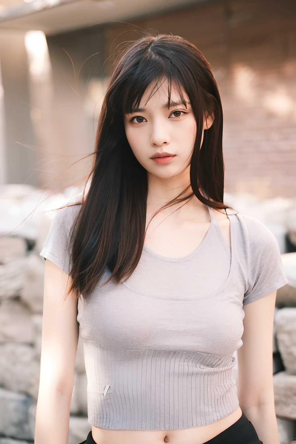 One person, woman, masterpiece, Highest quality, Highest quality, Cinema Lighting, (Volumetric lighting), Very detailed CG unity 8k wallpaper, Concentrated, 8k wallpaper, Very detailed, Ultra-realistic, Realistic, Sharp focus, Absurd, (High resolution:1.2), (High Contrast), photograph, Detailed and complex, Instagram, Portraiture, Very detailed, Digital Painting, Art Station, Concept Art, Smooth, Sharp focus, figure, Cinema Lighting, ((Big natural tits:1.3, Cleavage)), (((Judging the beholder))), ((Medium Shoulder)), (Thin legs), (Slender body), ((Height: 165cm)), (high quality skins:1.4, Realistic human body structure), (Half Body Shot), (Wearing a knit tank top, Micro Pants), ((Are standing)), ((Long Hair)), (((Show off your breasts)))