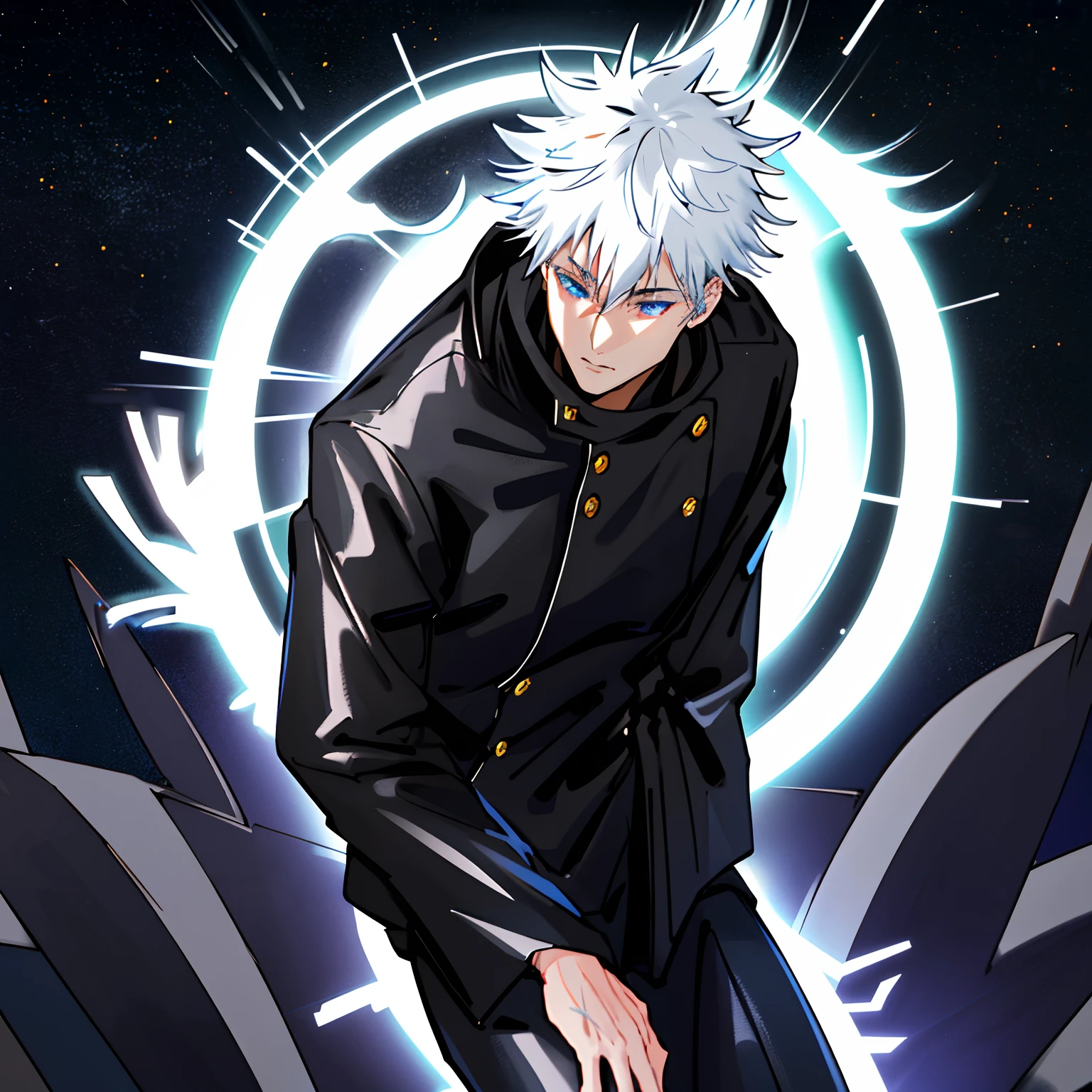 1boy, Satoru Gojo Man in a black coat and black pants, (White hair), (masutepiece), Best Quality, hight resolution, (Realistic face:1.1), (hyper realisitic:1.3), 4K, 8K, detailed illustration, intricate detailes, glowing particles, floating, Cinematic lighting, sharp shadows, amazing quality, amazing shading, (Symetrical:0.5), Facing Camera, Ultra-detailed, Black default_outfit , ((The upper part of the body)), Night, Moon, fullmoon, Detailed Galaxy, Detailed background, (Outdoors:1.3), (universe_galaxies background:1.3), Sitting,Relaxed, Blue eyes, Looking at Viewer, Detailed eyes, Detailed face, Realistic,