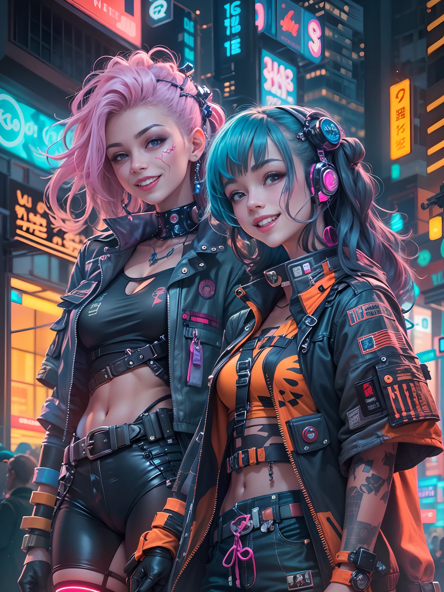 masterpiece, best quality, 2 ((smiling)) cyberpunk girls standing together, Harajuku-inspired cyberpunk body harness, bold colors and patterns, eye-catching accessories, trendy and innovative hairstyle, dazzling Cyberpunk cityscape, skyscrapers, neon signs, LED lights, anime illustration, detailed skin texture, detailed cloth texture, beautiful detailed face, intricate details, ultra detailed, cinematic lighting