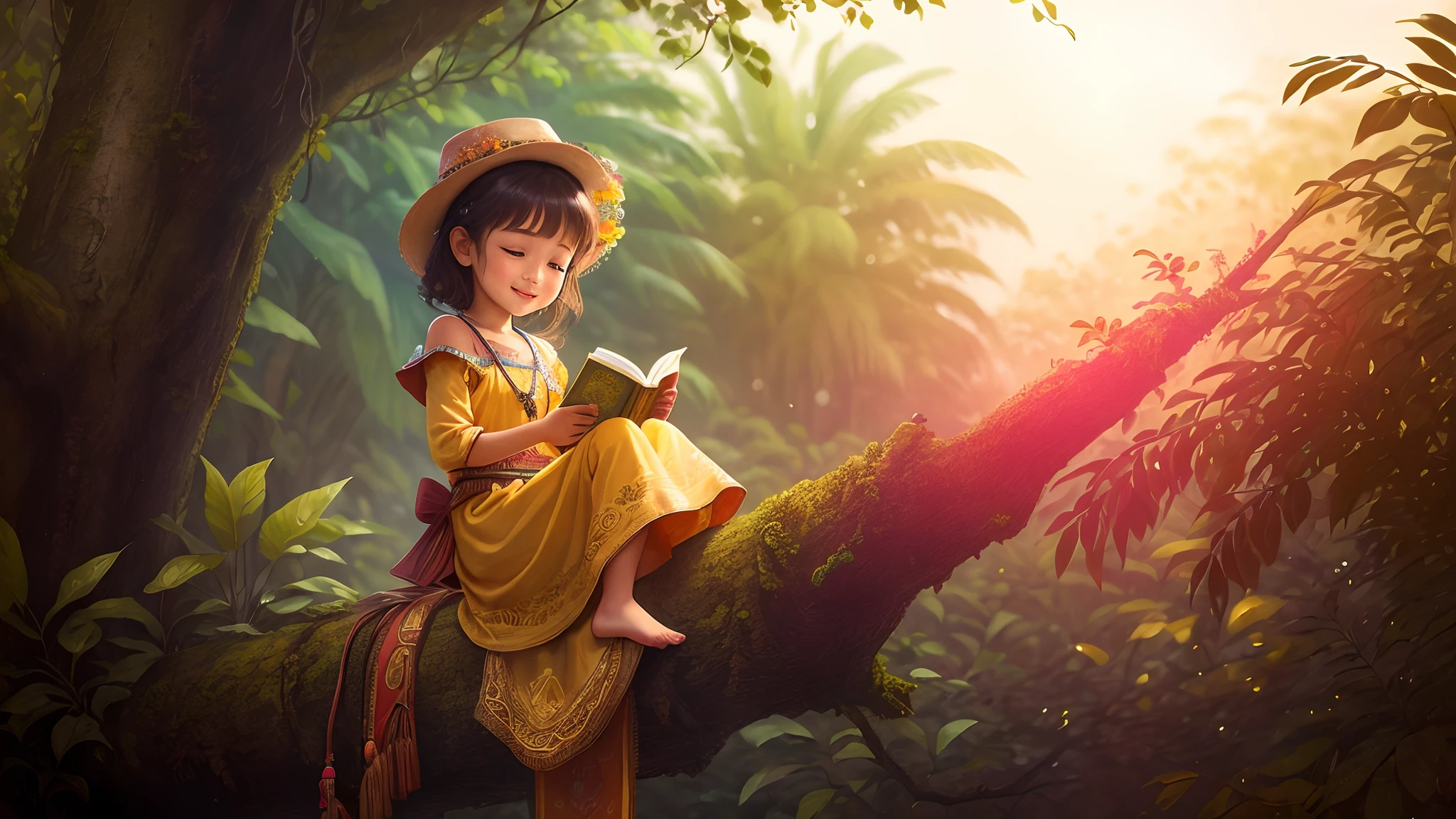 Masterpiece, best quality, one little girl with very detailed beautiful face in tribal yellow clothes, she sits on a tree and reads a very old book, she smiles very happy, jungle, very sunny, super detailed