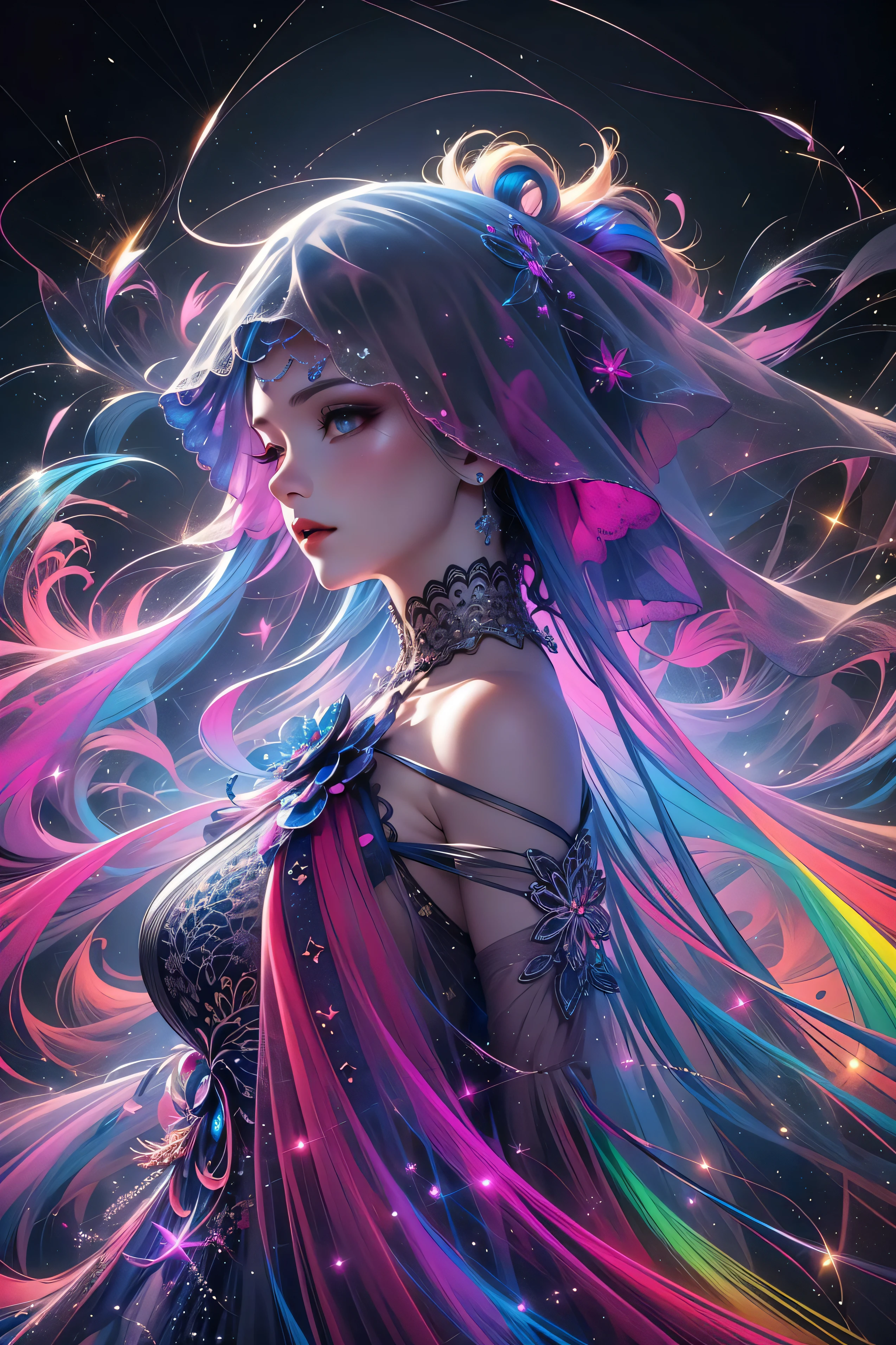 (Masterpiece, Top Quality, Top Quality, Official Art, Beautiful and Aesthetic:1.2), (1girl:1.3), (Fractal Art:1.3),(shinny skin),(many colors:1.4)