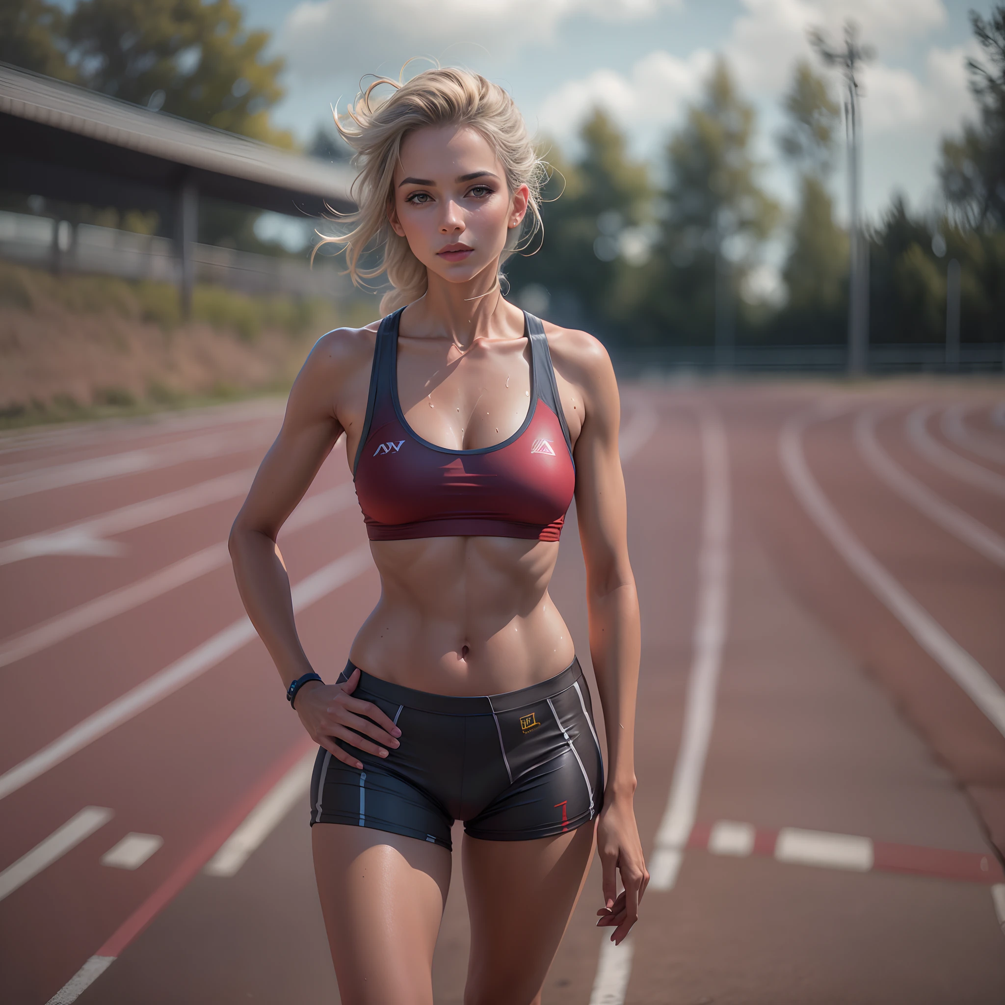 Beautiful mature Swedish schoolgirl, beau visage, Visage heureux, Souriant, tenue de piste, Outdoors on the athletics field, ((mince, petite)), photoreallistic, photo, Masterpiece, Realstic, realism, photorealism, high contrast, trending photorealistic digital art on Artstation 8k HD High Definition Detailed Realistic, Detailed, texture de la peau, hyper detailed, realistic skin texture, Armure, Best quality, ultra highres, (photoreallistic:1.4),, High resolution, Detailed, Photo brute, Sharp re, Par Lee Jeffries Nikon D850 Film Stock Photographie 4 Kodak Portra 400 Appareil photo F1.6 Lenses Rich Colors Hyper Realistic Texture Realistic Lighting Dramatic Unrealengine Trending on ArtStation Cinestill 800 Long Legs, transpiration, sexy