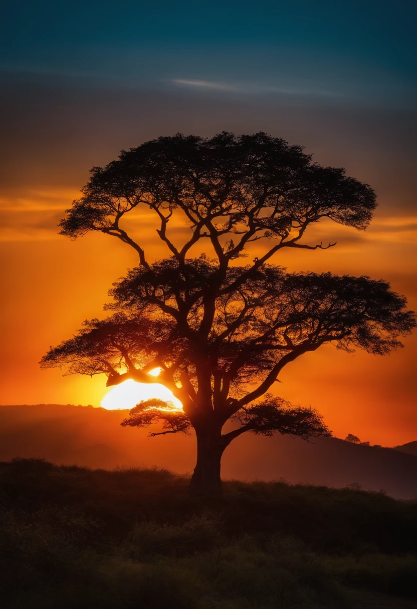Por do sol.montanha uma mulher olhando do alto muitas arvores futurista