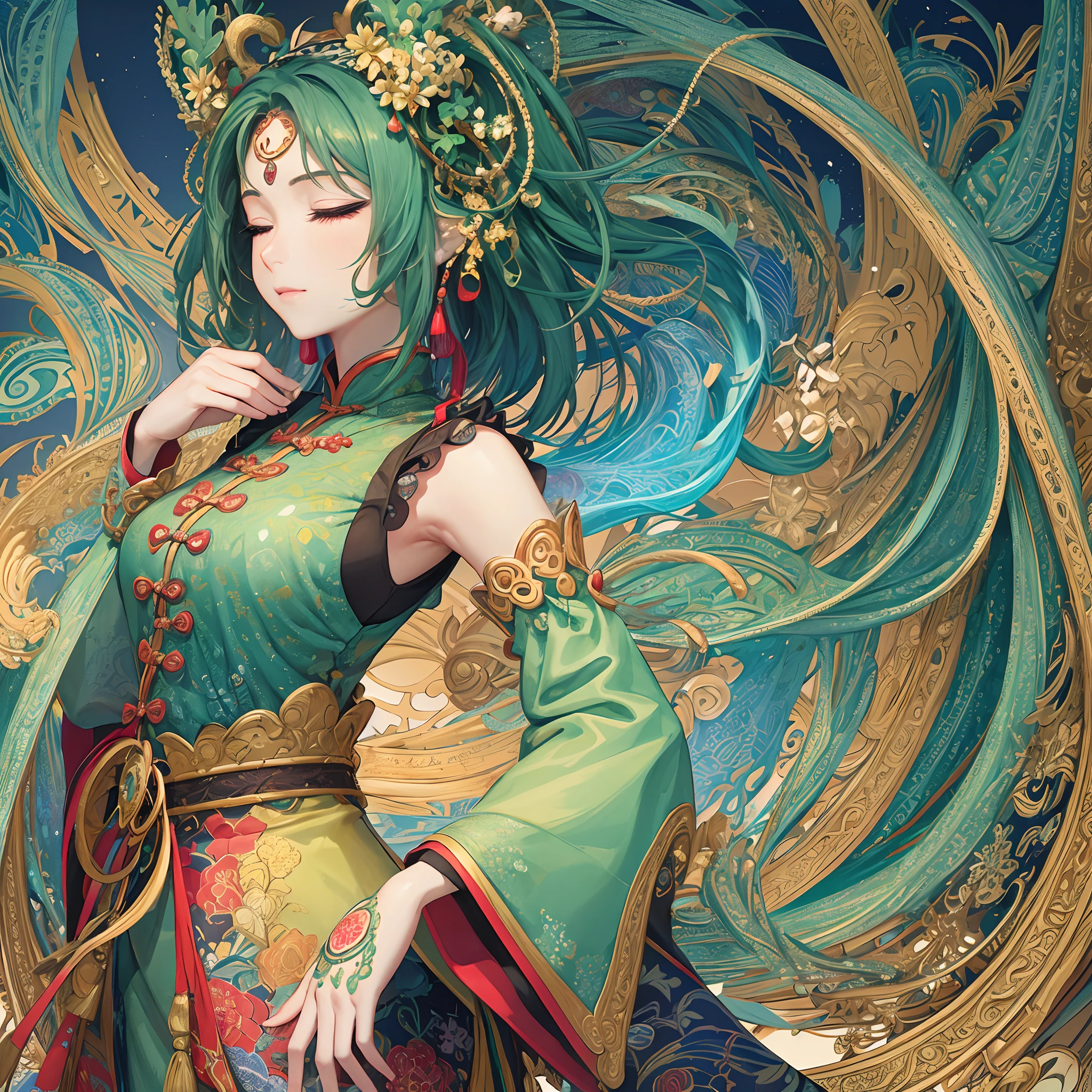 (masterpiece, top quality, best quality, official art, beautiful and aesthetic: 1.2), (1girl: 1.3), very detailed, (fractal art: 1.2), green, most detailed, (zentangle: 1.2), (dynamic pose ), (abstract background: 1.5), (traditional Chinese clothing: 1.2), (shiny skin), (various colors: 1.4), upper body, eyes closed