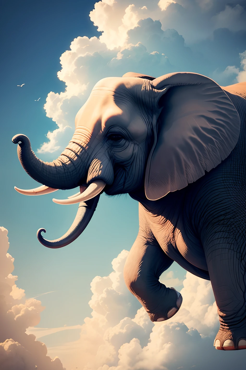 one elephant flying, background is wonder dreams clouds, the elephant should peace and calm face,