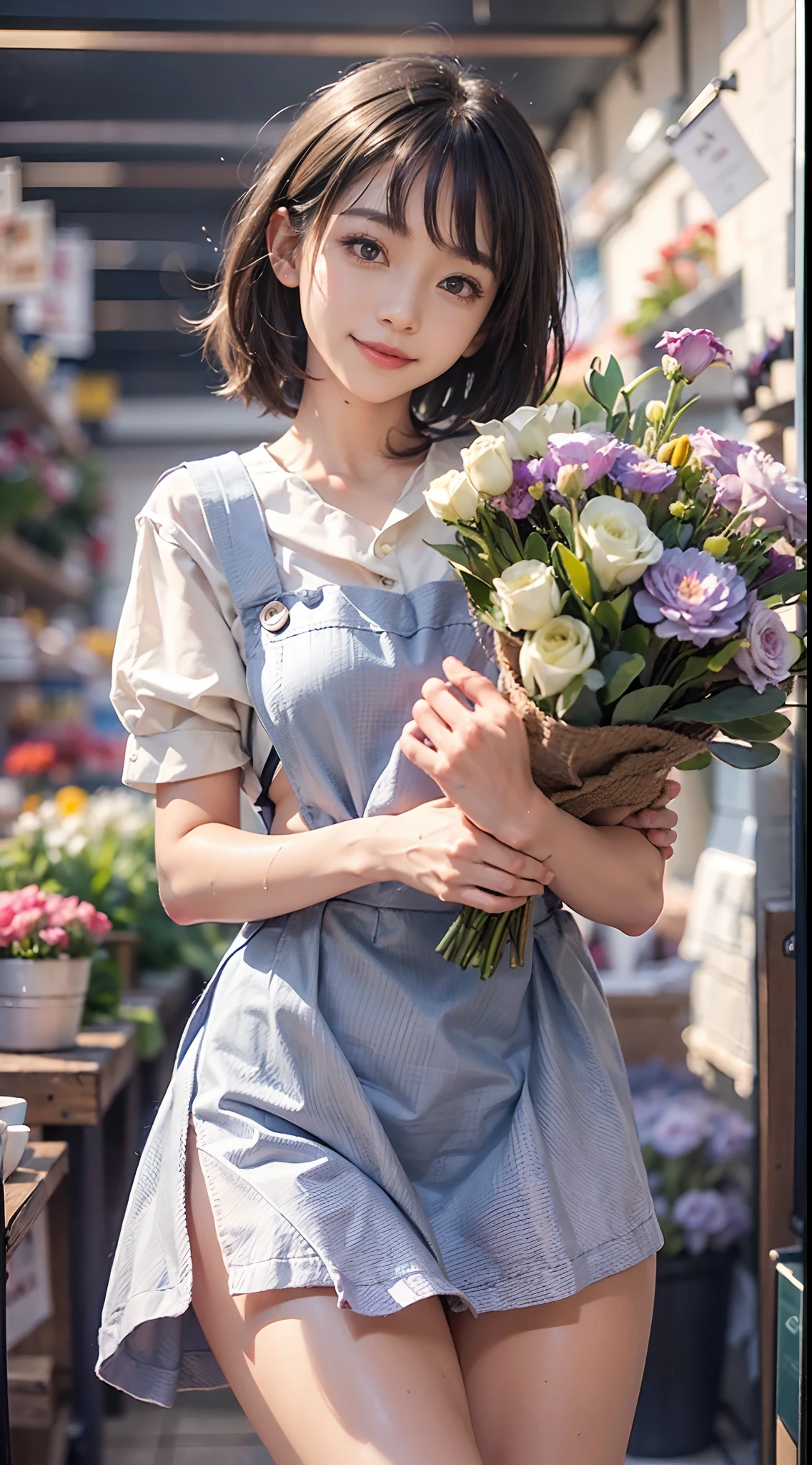 morning, ((pinafore)), Flower Shop, Smiling smile, (NSFW), 1womanl, 独奏, 24 year old, 7headed body, (Ideal ratio body proportions), (Composition from head to thigh), erectile nipple, Sexy body, Wet, short-hair, Dark hair, small tits, A slender, Small buttocks, beauty legs, Skinny Legs, surrealism, Cinematic lighting, depth of fields, One-person viewpoint, F/1.8, 135 mm, nffsw, masutepiece, ccurate, ((Anatomically correct)), Textured skin, Super Detail, high details, High quality, awardwinning, Best Quality, hight resolution, 8K