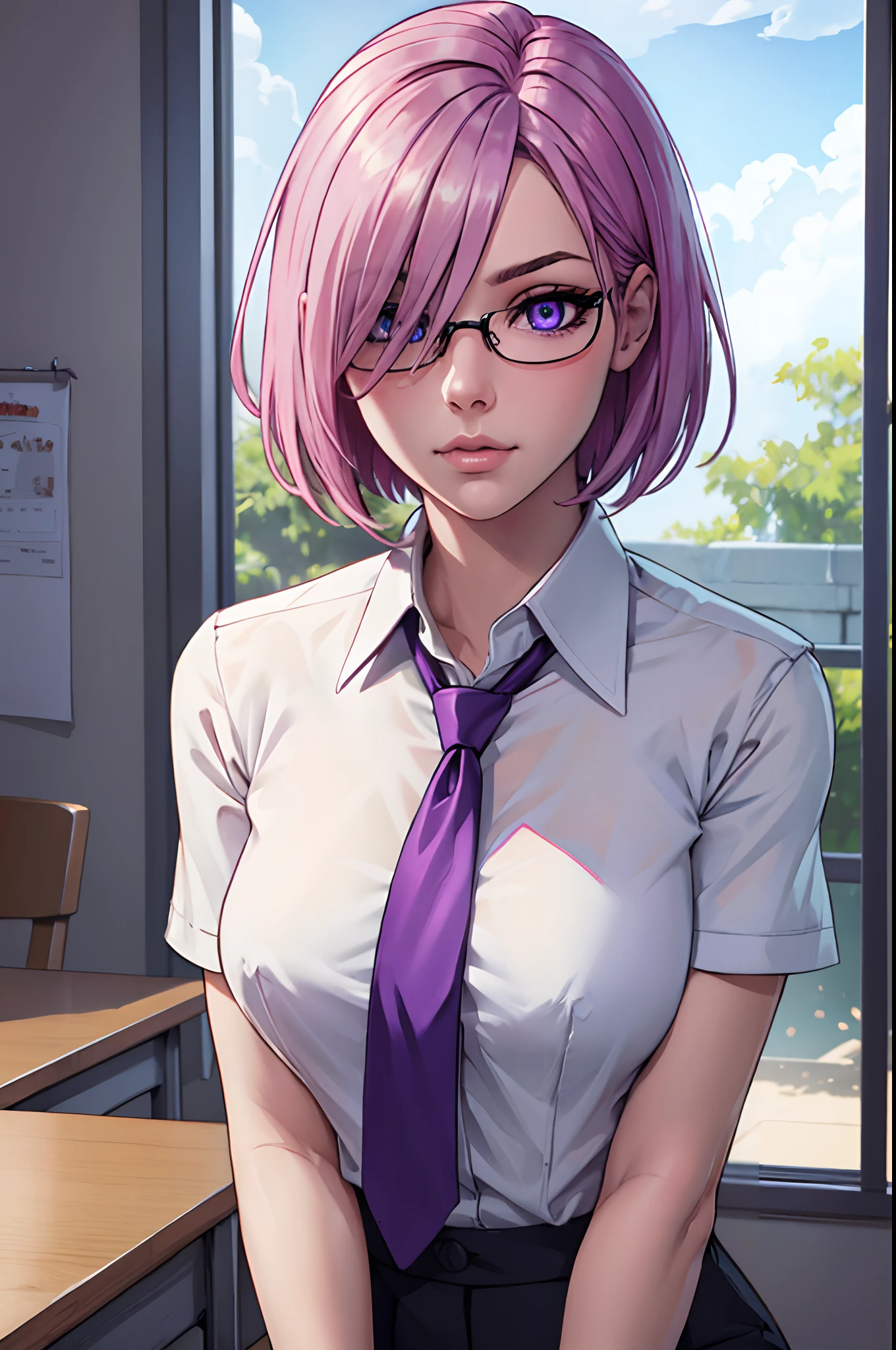 mashkyrielight, mash kyrielight, glasses, hair between eyes, hair over one eye, (purple eyes:1.1), pink hair, short hair, BREAK hood, shirt, collared shirt, white collar, black shirt, necktie, red necktie, BREAK looking at viewer, BREAK indoors, classroom, BREAK (masterpiece:1.2), best quality, high resolution, unity 8k wallpaper, (illustration:0.8), (beautiful detailed eyes:1.6), extremely detailed face, perfect lighting, extremely detailed CG, (perfect hands, perfect anatomy),