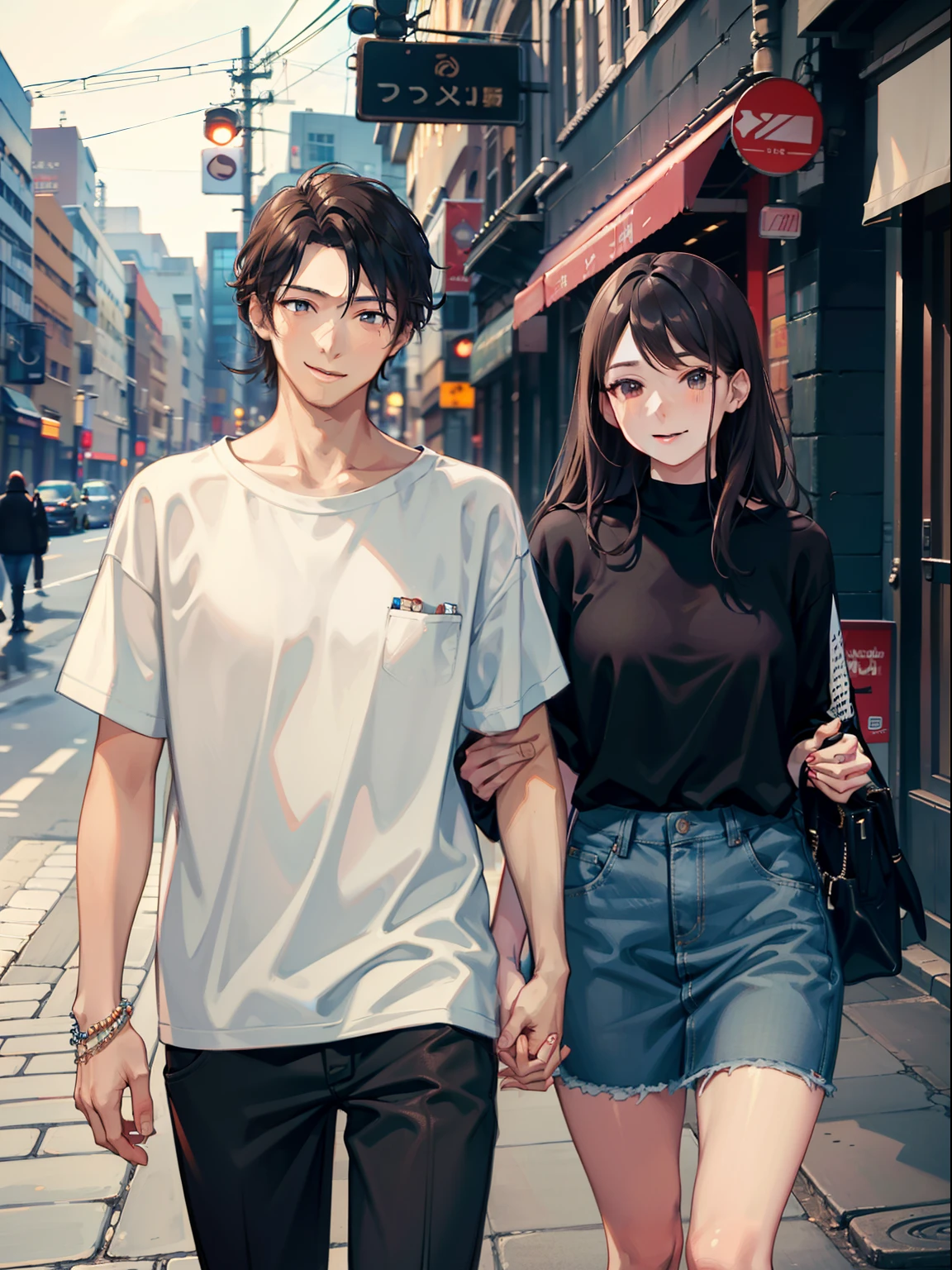 masterpiece, best quality, 2others, couple, 1man with 1woman, mature, adult, Height difference, different fashion, different color, finely detailed eyes and detailed face, intricate details, casual clothes, oversized shirt, modern urban street, holding hands, smile, happy, love