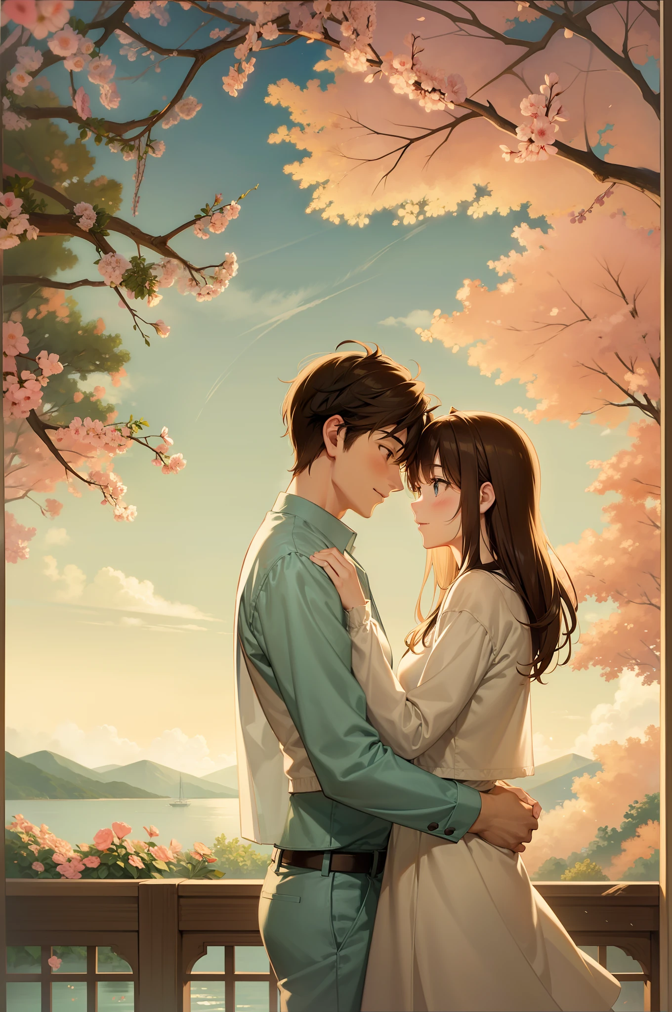 Couple in love, the anime, Romantic setting, Delicate colors, soft light, Views, Filled with love.