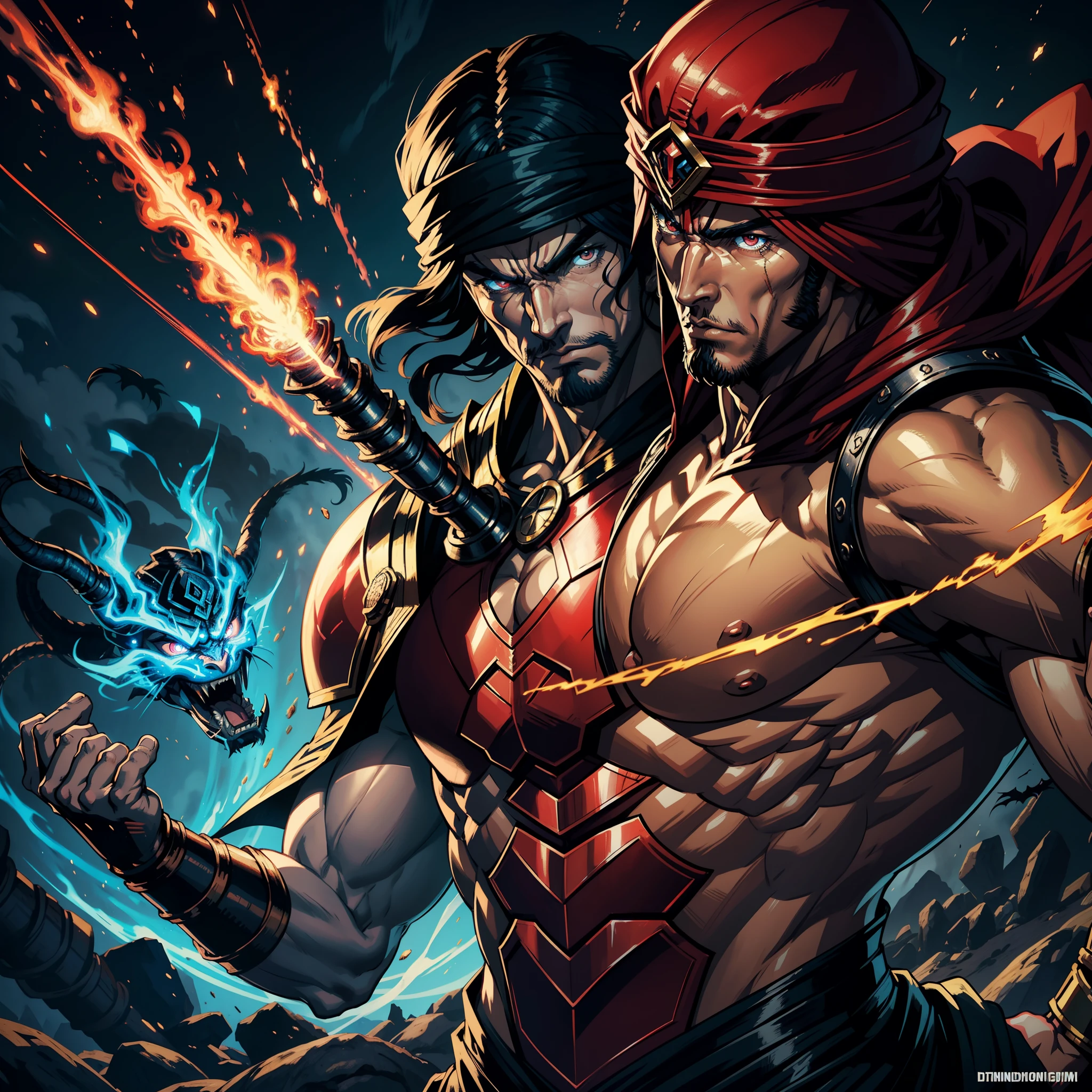 Castlevania Hyper Realistic Shadow Lord Super Detailed Dynamic Shot Master Piece of Lord Dracula Medieval Arab Warrior with Red Turban Scary Face Hokuto No Ken Structure Muscle Face Kenshiro Leading Troops Army of demons to fight Sharp details Cinematic Scenes Epic Movie Legendary Movie Hyper Realistic Portrait Zoom