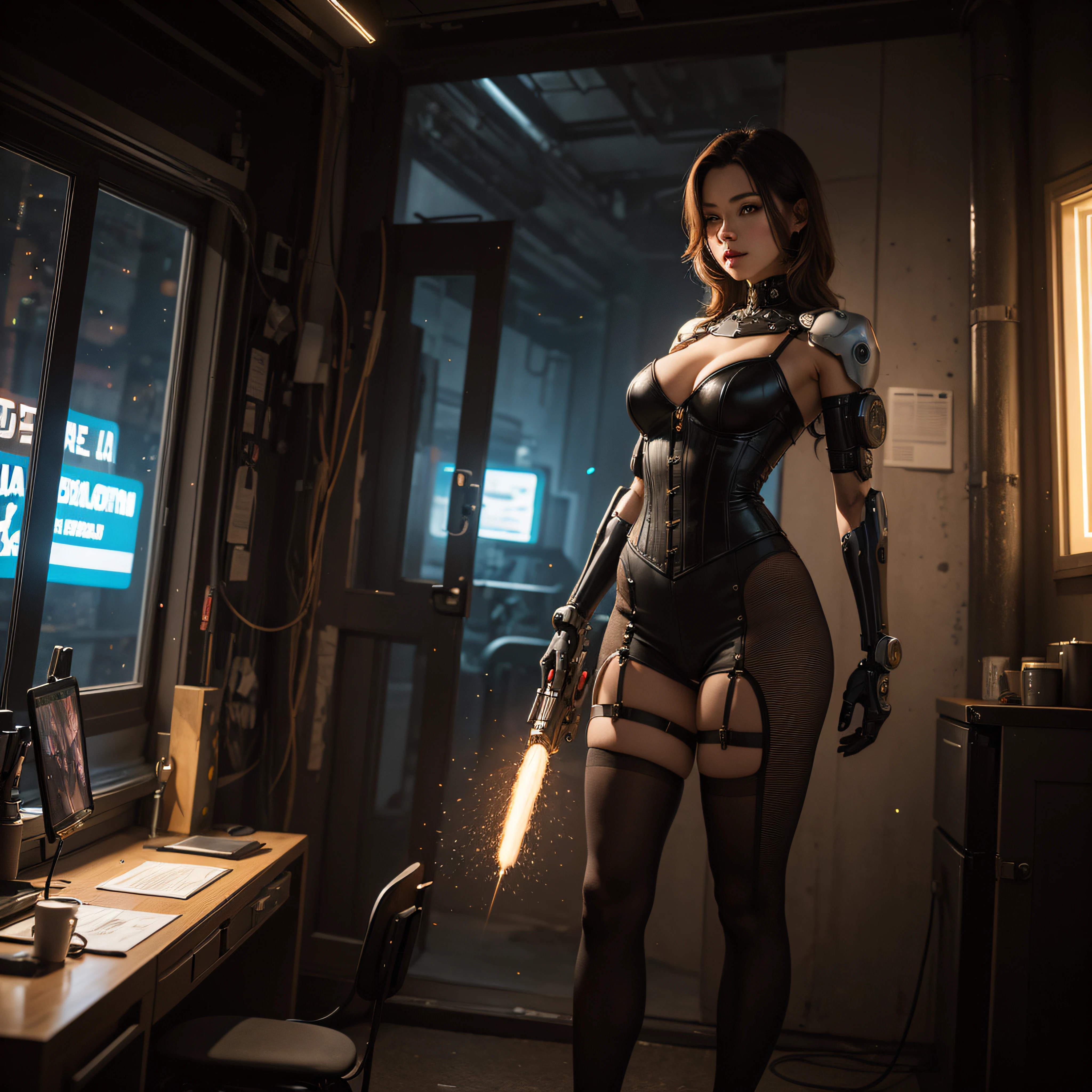 ((calidad superior)), ((obra maestra)), ((realista)), (Los detalles), (fotorrealista:1.5), Science-Fiction, HDR, Trazado de rayos, NVIDIA RTX, Los ultra-Highres, Irreal 5, Sub-Surface Scatterring, PBR texturizado, Post-procesamiento, Anisotropic filtering, Profundidad de campos, maximum sharpness and sharpness, Regla de los tercios、8K RAW、(Luminescent Particles:1.4)、(super-detailed CG、Unidad 8k Fondos de pantalla、lighting like a movie、destello de lente、foco nítido. Girl with yellow corset, Robotic Parts, Cannon fire, guerra urbana, Armas, pistola, Arte cyberpunk、arquitectura cyberpunk