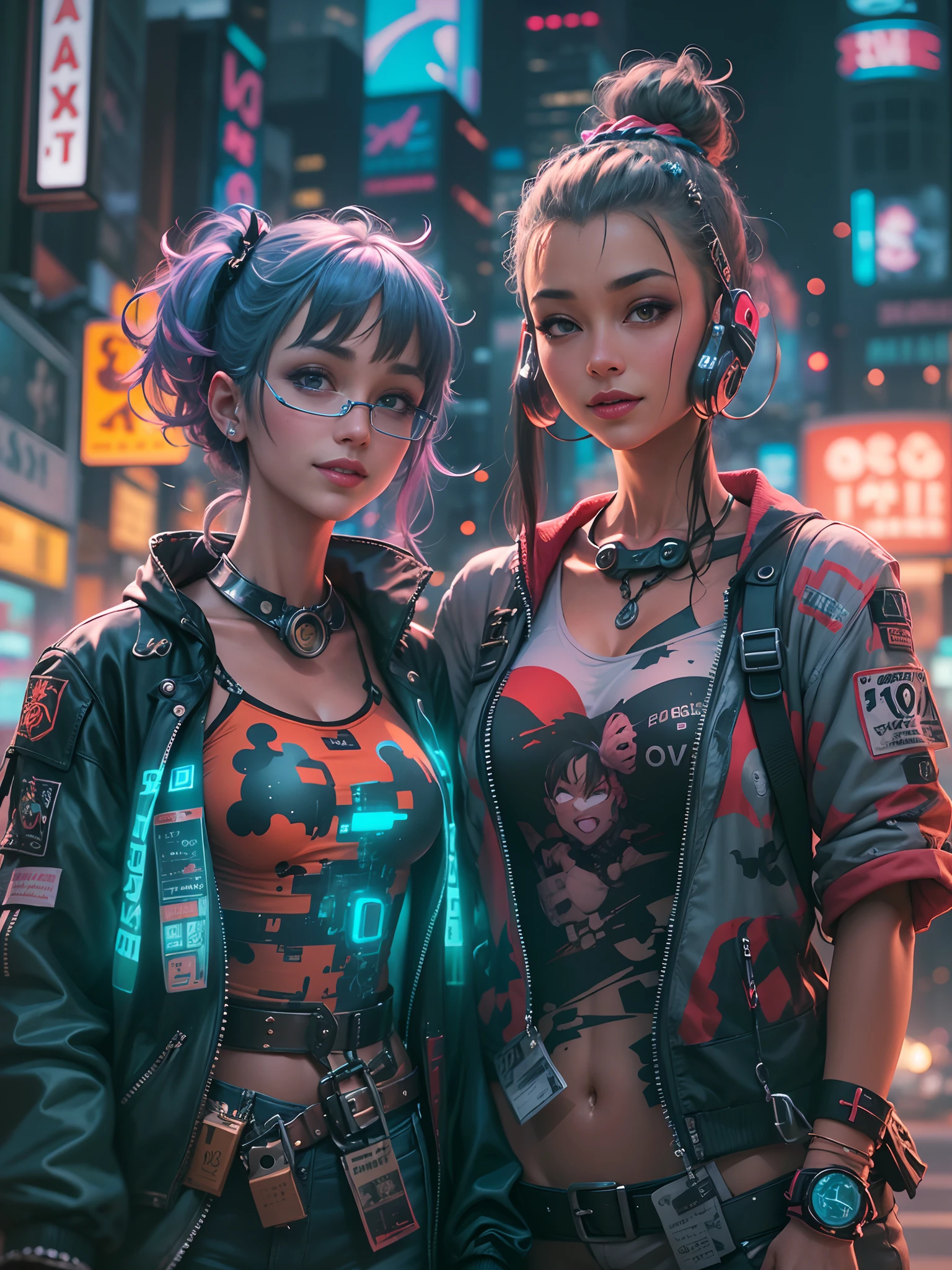 masterpiece, best quality, 2 ((smiling)) cyberpunk girls standing together, Harajuku-inspired cyberpunk body harness, bold colors and patterns, eye-catching accessories, trendy and innovative hairstyle, dazzling Cyberpunk cityscape, skyscrapers, glowing neon signs, LED lights, anime illustration, detailed skin texture, detailed cloth texture, beautiful detailed face, intricate details, ultra detailed, cinematic lighting, strong contrast.