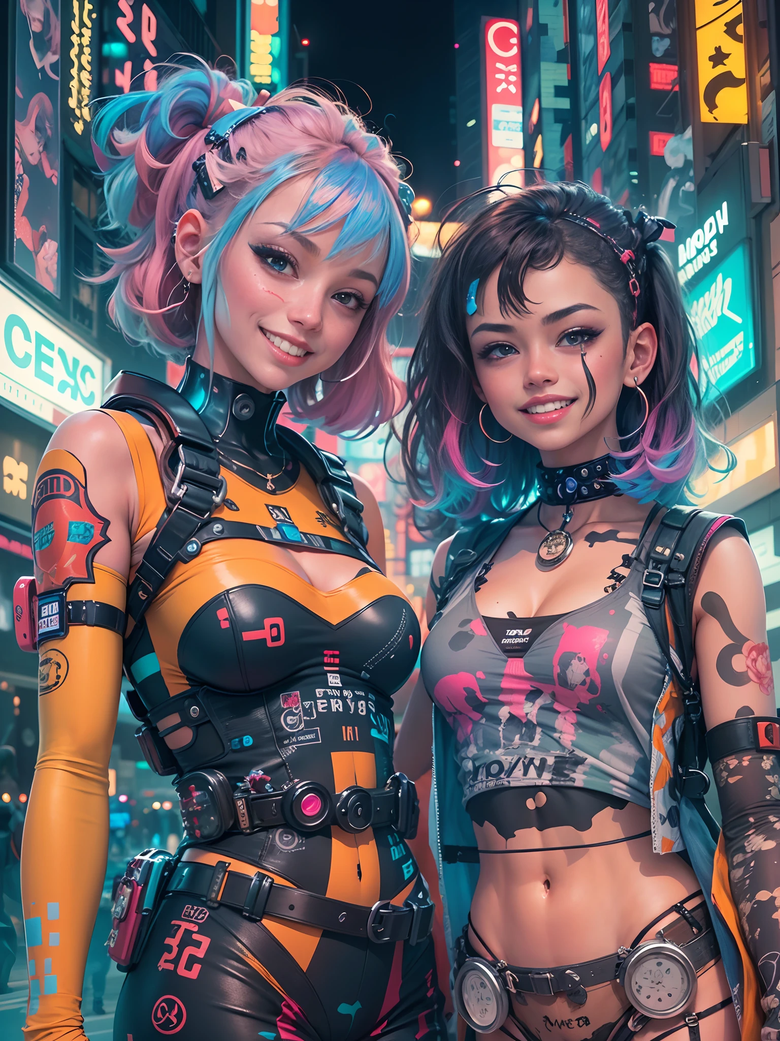 masterpiece, best quality, 2 ((smiling)) cyberpunk girls standing together, Harajuku-inspired cyberpunk body harness, bold colors and patterns, eye-catching accessories, trendy and innovative hairstyle, dazzling Cyberpunk cityscape, skyscrapers, glowing neon signs, LED lights, anime illustration, detailed skin texture, detailed cloth texture, beautiful detailed face, intricate details, ultra detailed, cinematic lighting, strong contrast.