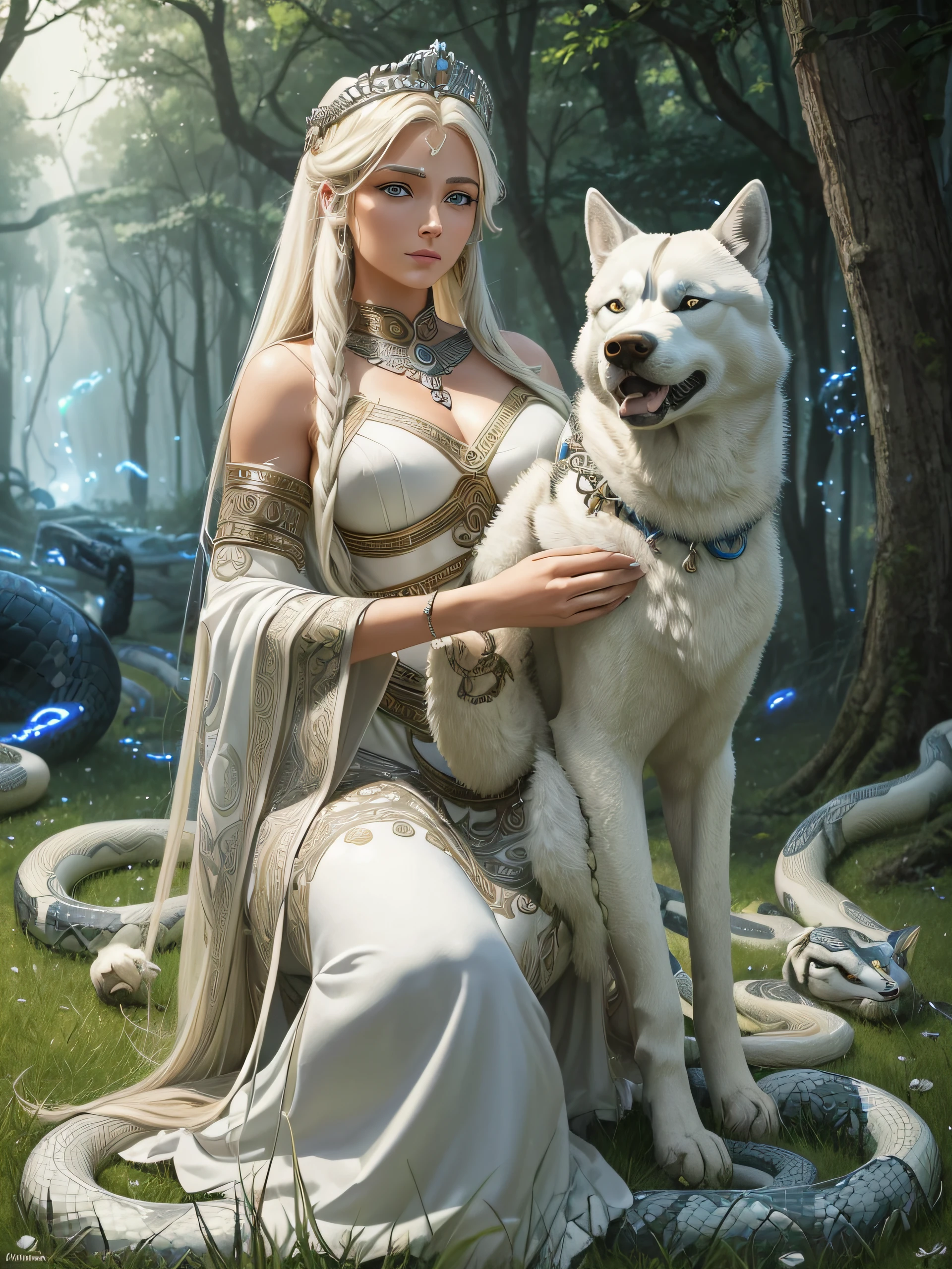 (((Artemis the Greek goddess of hunting sitting on the grass with her husky white hairy dog beside her)), (((behind her are tonnes of snakes coming towards her))), ((she is dressed in a white long chiton)), (((platinum blond straight hair and blue eyes))), ((capture the snakes behind her and the fireflies)), ((capture her beautiful looks and her husky white hairy dog and the snakes behind her)), very detailed, best quality, 8K, smooth, intricate details, high masterpiece, high quality