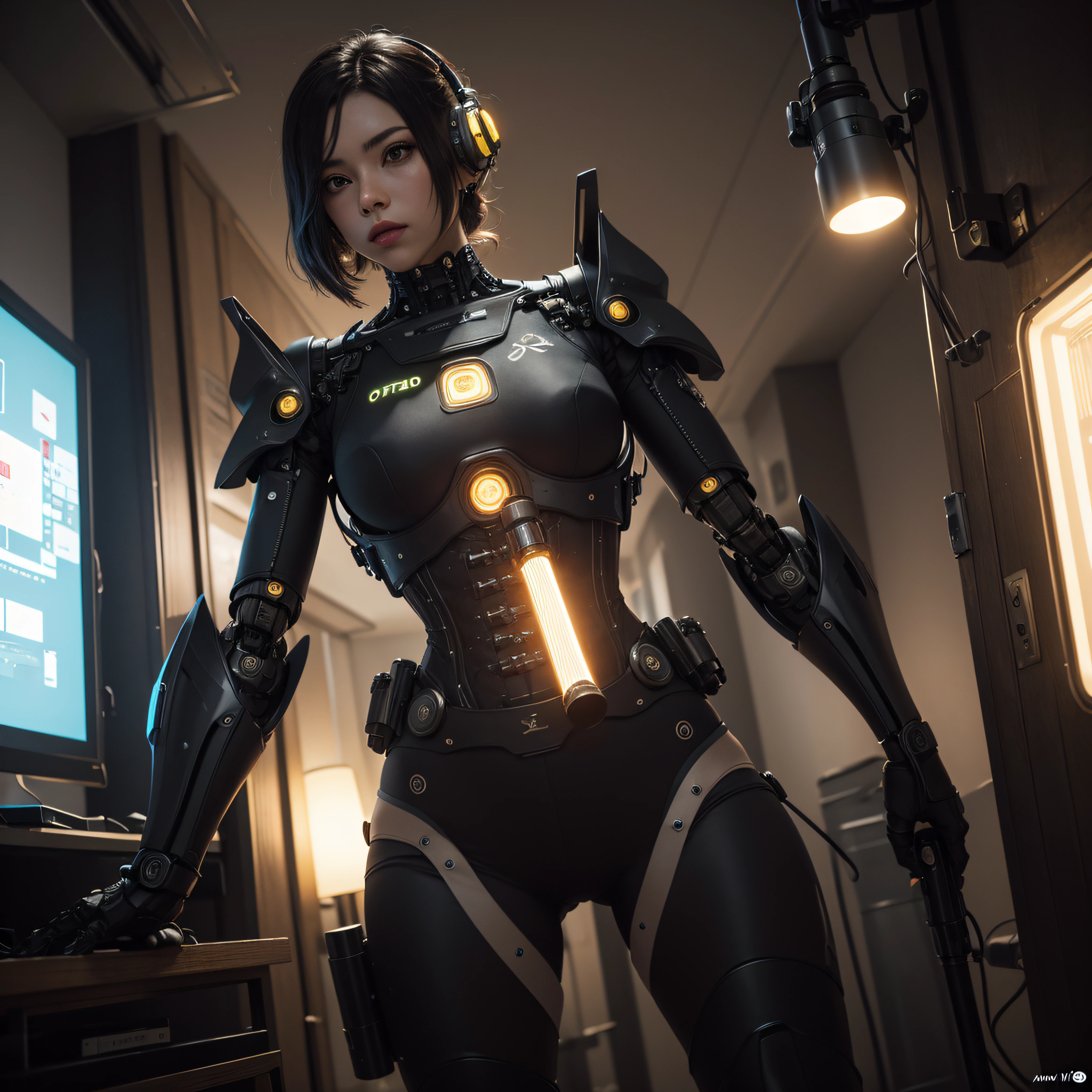 ((calidad superior)), ((obra maestra)), ((realista)), (Los detalles), (fotorrealista:1.5), Science-Fiction, HDR, Trazado de rayos, NVIDIA RTX, Los ultra-Highres, Irreal 5, Sub-Surface Scatterring, PBR texturizado, Post-procesamiento, Anisotropic filtering, Profundidad de campos, maximum sharpness and sharpness, Regla de los tercios、8K RAW、(Luminescent Particles:1.4)、(super-detailed CG、Unidad 8k Fondos de pantalla、lighting like a movie、destello de lente、foco nítido. Girl with yellow corset, Robotic Parts, Cannon fire, guerra urbana, Armas, pistola, Arte cyberpunk、arquitectura cyberpunk