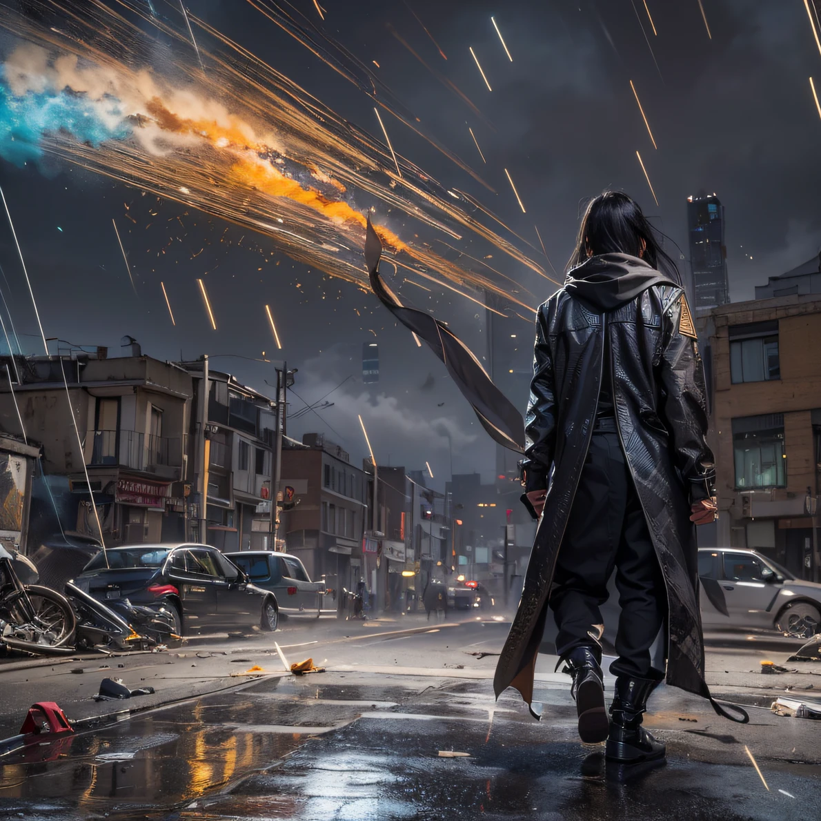 （Rainbow ruins）Climb the streets（Doomsday Rainbow）eyes filled with angry，He clenched his fists，Rush up，Deliver a fatal blow to your opponent，full bodyesbian，Full Body Male Mage 32K（Masterpiece rainbow，Rainbow Ultra HD）Long flowing black hair，Campsite size，zydink， The wounded lined up in the streets（Doomsday ruins rainbow）Climb the streets， The scene of the explosion（Rainbow Doomsday Ruins）， （Linen batik scarf）， Angry fighting stance， looking at the ground， Batik linen bandana， Chinese python pattern long-sleeved garment， rainbowing（Abstract propylene splash：1.2）， Dark clouds lightning background，Flour flies（realisticlying：1.4），Black color hair，Flour fluttering，rainbow background， A high resolution， the detail， RAW photogr， Sharp Re， Nikon D850 Film Stock Photo by Jefferies Lee 4 Kodak Portra 400 Camera F1.6 shots, Rich colors, ultra-realistic vivid textures, Dramatic lighting, Unreal Engine Art Station Trend, cinestir 800，Flowing black hair,（（（rainbowing）））The wounded lined up in the streets（rainbowing）Climb the streets，