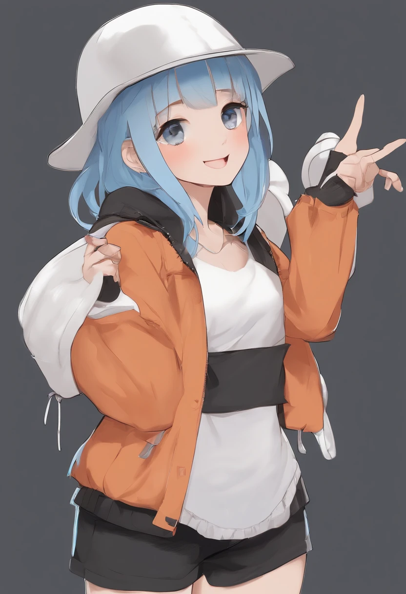 positive: full body, upright, arms at sides, looking at viewer, (simple black background), 1girl, short hair, open mouth, smile, sky blue hair , eyes without highlights, feminine clothes, white hat, virtual youtuber, heterochromia iridis, orange right eye and (( blue left eye)), jellyfish motif, black shoes, (White clothes) with black lines
negative: bad anatomy, bad hands, missing fingers, extra digit ,fewer digits, cropped ,worst quality, low quality normal quality, (nsfw)