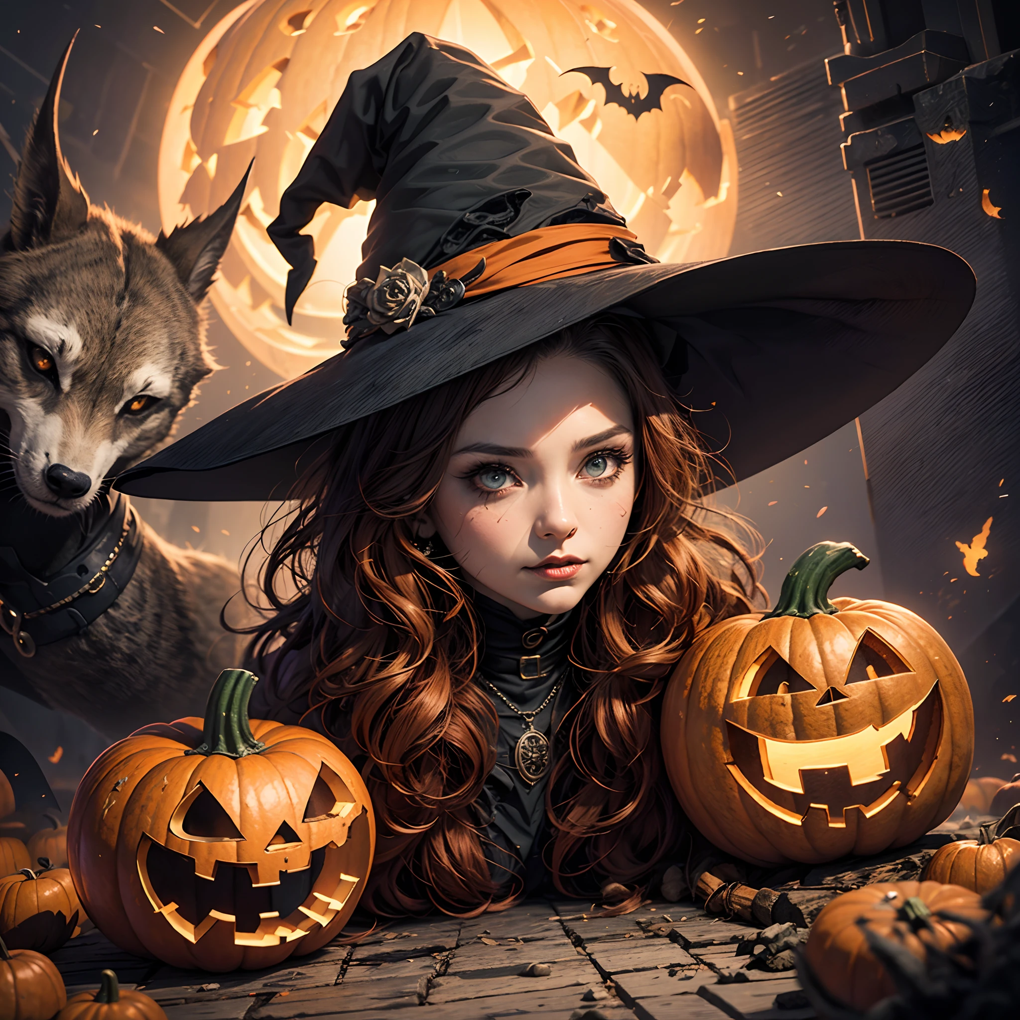 extremely detailed CG unity 8k wallpaper),(Masterpiece), (Best Quality), (Ultra-detailed), (Best illustration),(better shadow)Halloween style picture in high quality RAW 8 K photo(cartoon style),high quality,Pumpkin with witch's black hat,bats on the sides. --auto --s2