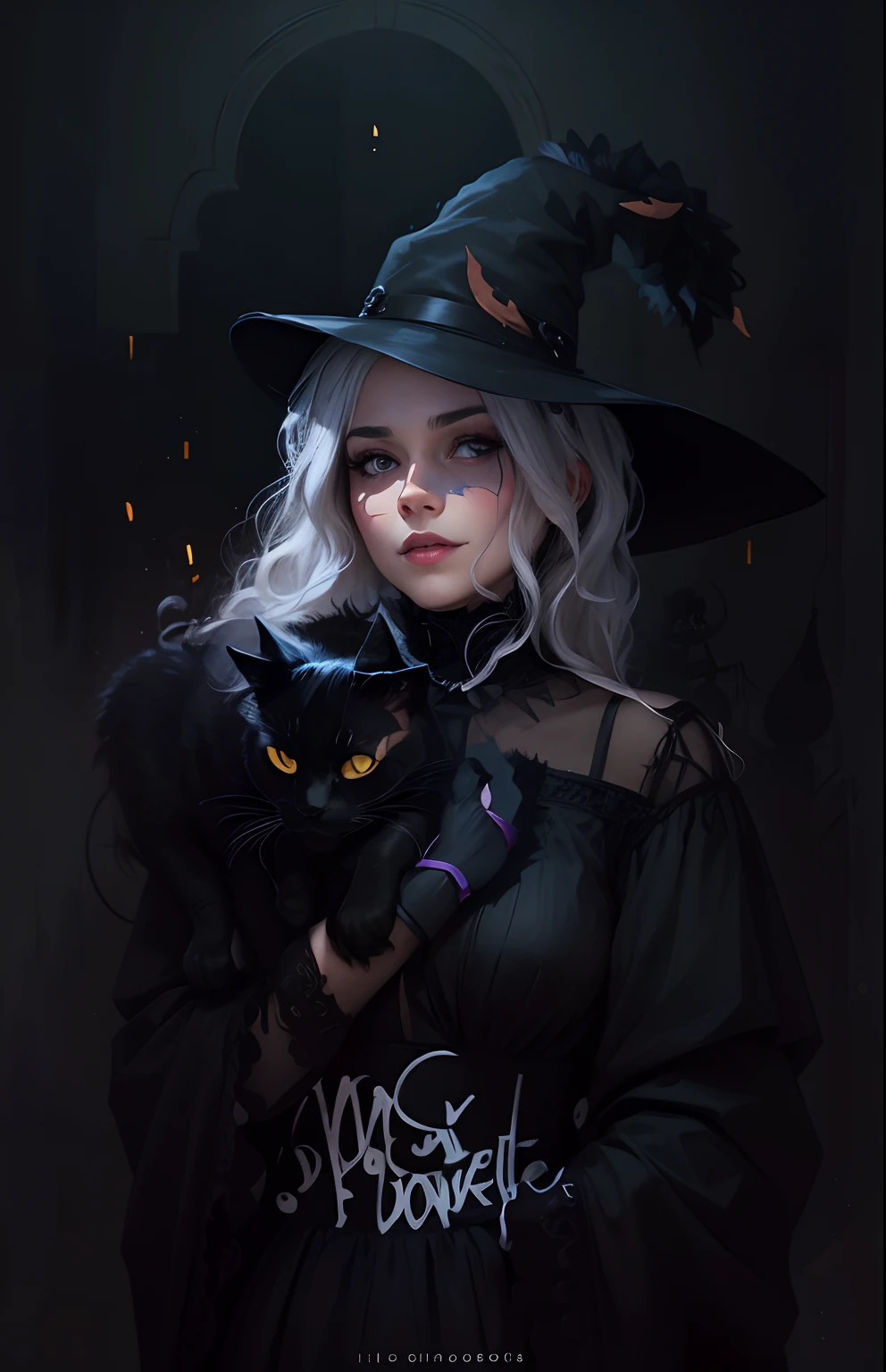 Girl with a black cat, Halloween themed