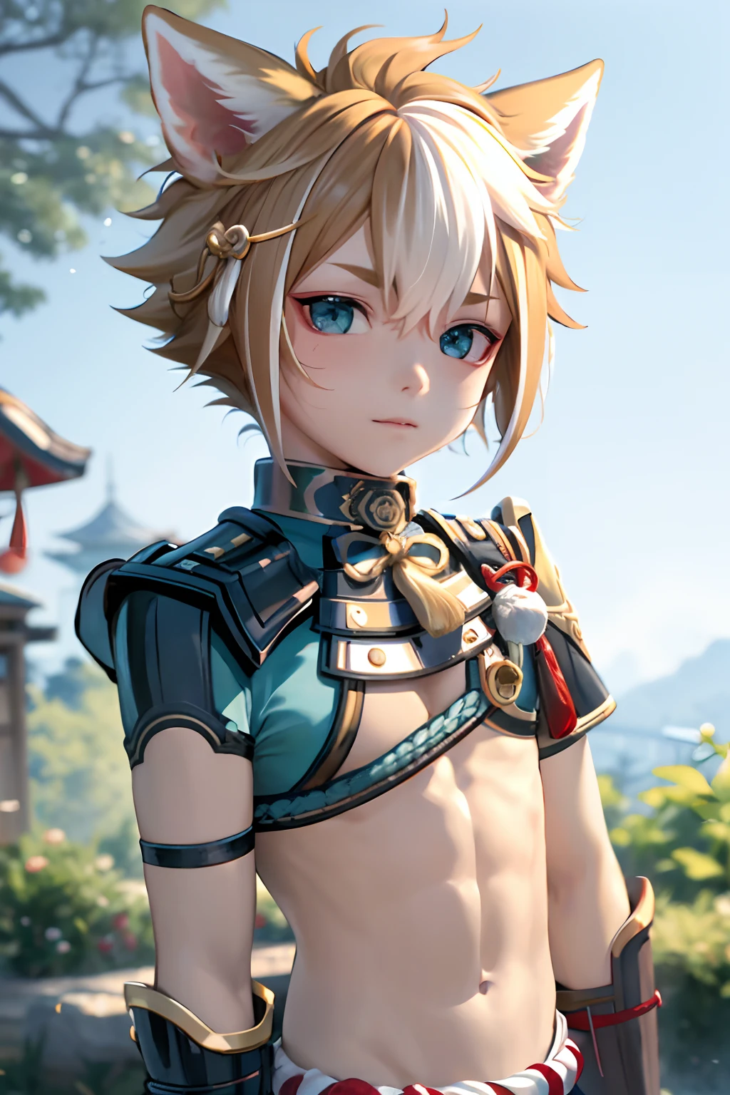 gorou (genshin impact),, 1boy, male focus, animal ears, solo, multicolored hair, brown hair, dog boy, white hair, tassel, dog ears, armor, upper body, streaked hair, bangs,NSFW,small