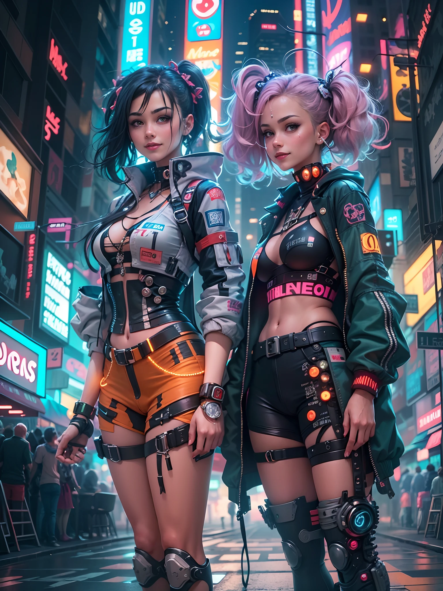 masterpiece, best quality, 2 ((smiling)) cyberpunk girls standing together, Harajuku-inspired cyberpunk body harness, bold colors and patterns, eye-catching accessories, trendy and innovative hairstyle, dazzling Cyberpunk cityscape, skyscrapers, glowing neon signs, LED lights, anime illustration, detailed skin texture, detailed cloth texture, beautiful detailed face, intricate details, ultra detailed, cinematic lighting, strong contrast.