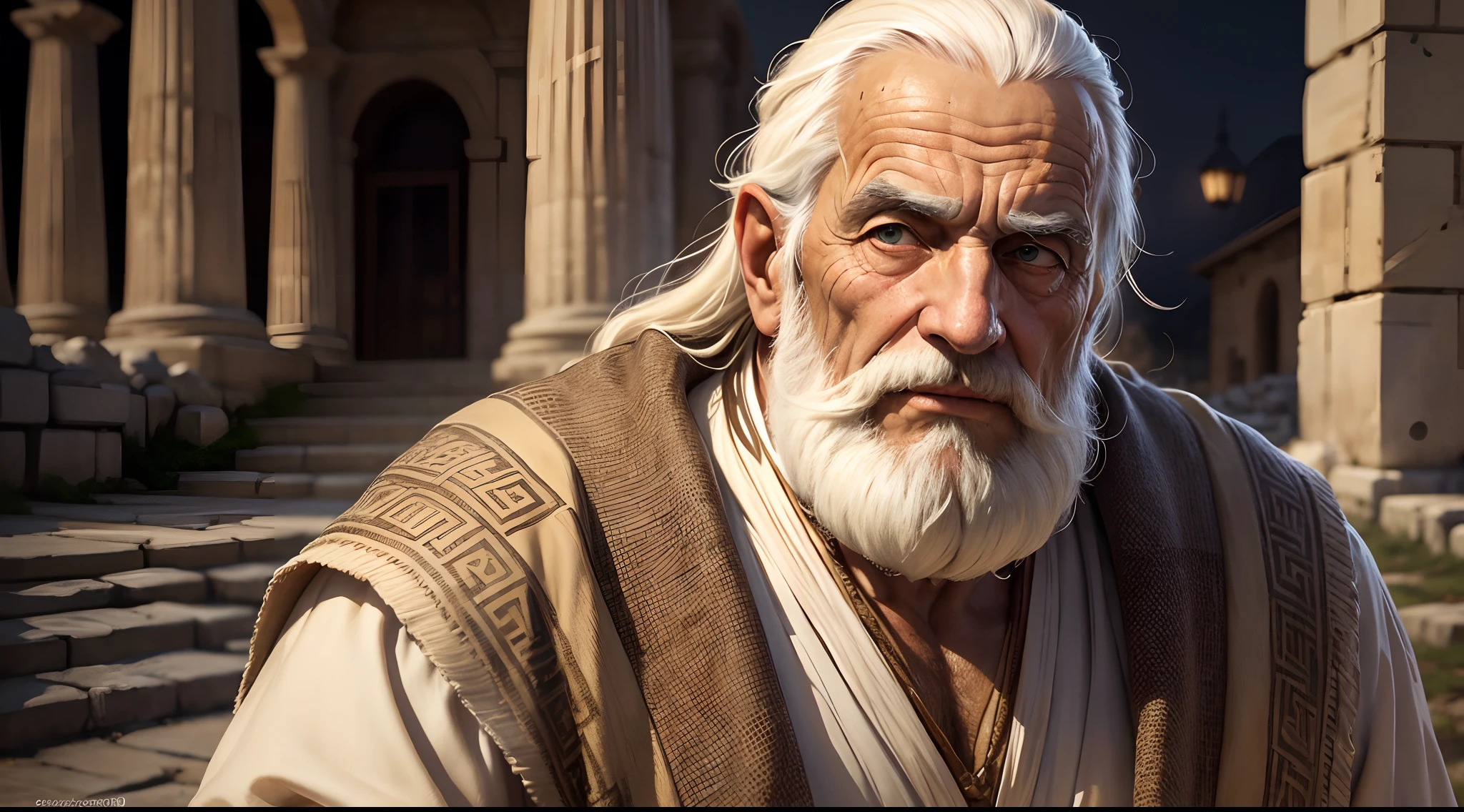An old Greek man from ancient Athens, characteristic clothes, night background,(best quality,4k,8k,highres,masterpiece:1.2),ultra-detailed,(realistic,photorealistic,photo-realistic:1.37),oil painting,stunning facial details, expressive eyes, sharp nose, defined lips, weathered face, gray hair, wise and dignified expression, flowing white beard, deep wrinkles, toga, timeless atmosphere, dimly lit street, stone architecture, ancient ruins, historical ambiance, moonlight casting shadows, warm golden hues, subtle lighting, mystical feeling