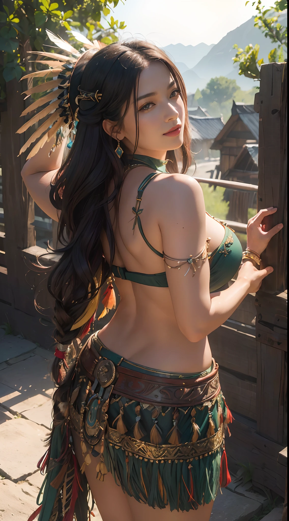 ((masterpiece)), ((best quality)), ((highres)), extremely detailed)), 1 girl as wearing Pocahontas, full body shot, Beautiful Native American woman, mature woman, Big breast, (super realistic), (peerless beauty), detailed skin texture, detailed cloth texture, beautiful detailed face, intricate details, ultra detailed, indigenes feather jewelry, feather headdress, traditional handmade green bra and dress, armed female hunter warrior, (((wild west))) environment, smile to viewers, in the village, ((surrounded by people)), ((dance pose)) ((back to the camera)), ultra realistic, concept art, elegant, ((intricate)), ((highly detailed)), depth of field, ((professionally color graded)), soft ambient lighting, dusk, (Best quality, A high resolution, Photorealistic, primitive, 8K,Masterpiece, ),Best quality, Masterpiec8K.hdr. High ribs:1.2, filmgrain, Blur bokeh:1.2, Lens flare, (vivd colour:1.2), (Delicate),